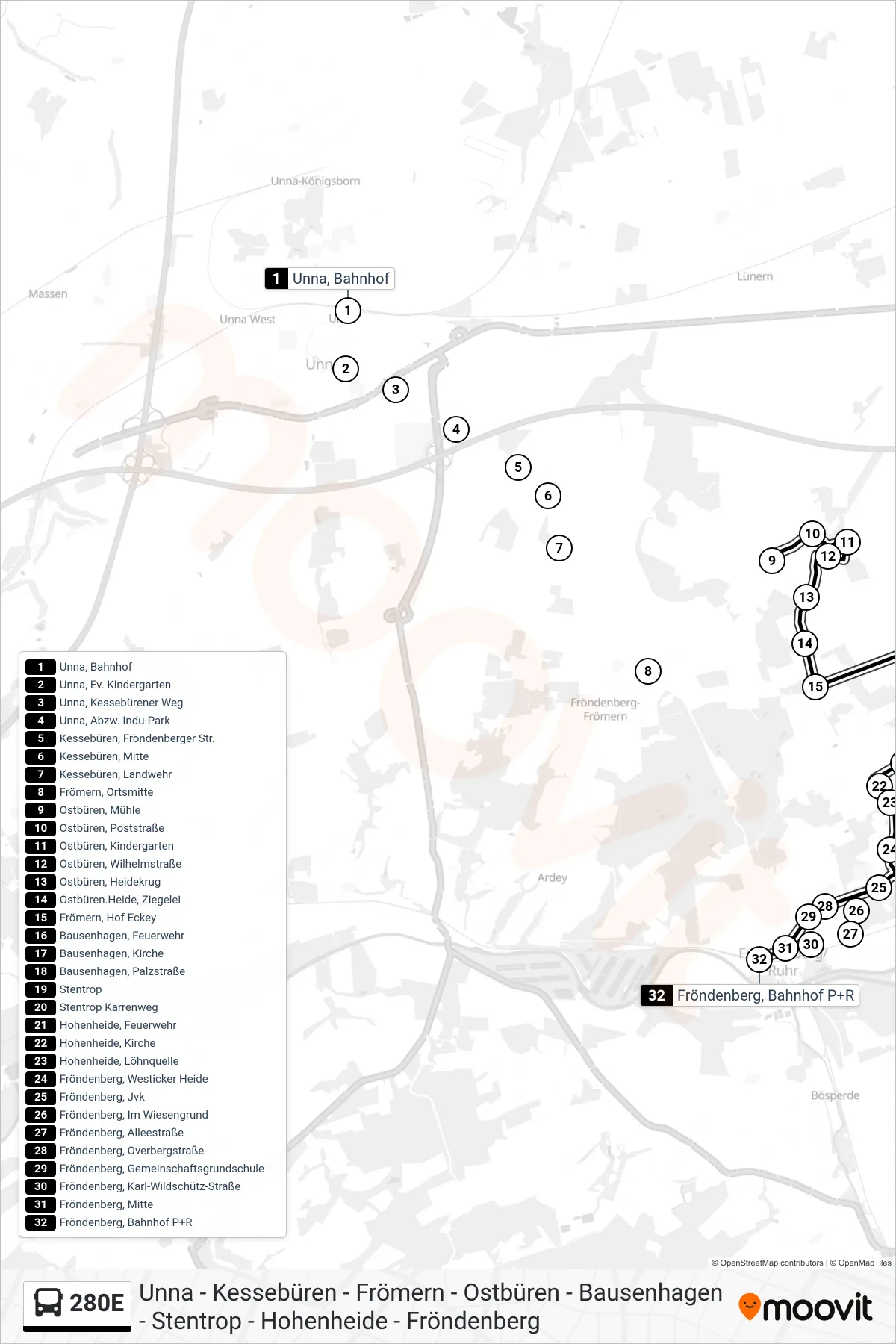 Linie 280E (Bus) Richtung Fröndenberg, Bahnhof P+R: Route und Haltestellen auf der Karte