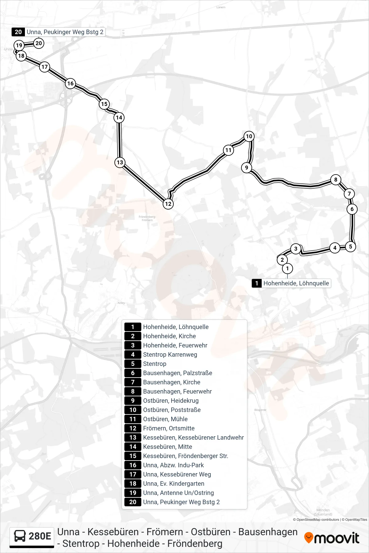 Linie 280E (Bus) Richtung Unna, Peukinger Weg Bstg 2: Route und Haltestellen auf der Karte