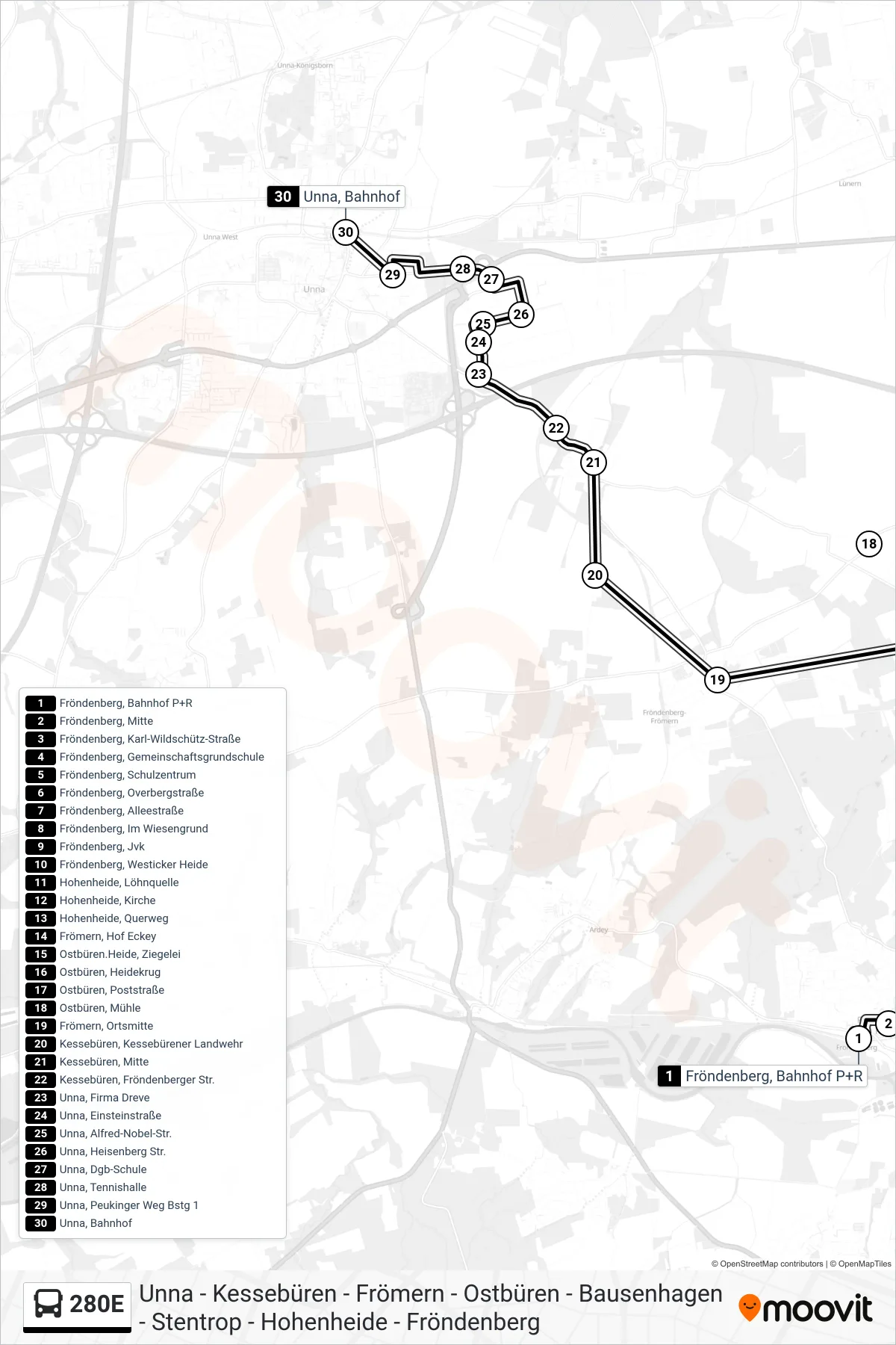 Linie 280E (Bus) Richtung Unna, Bahnhof A: Route und Haltestellen auf der Karte