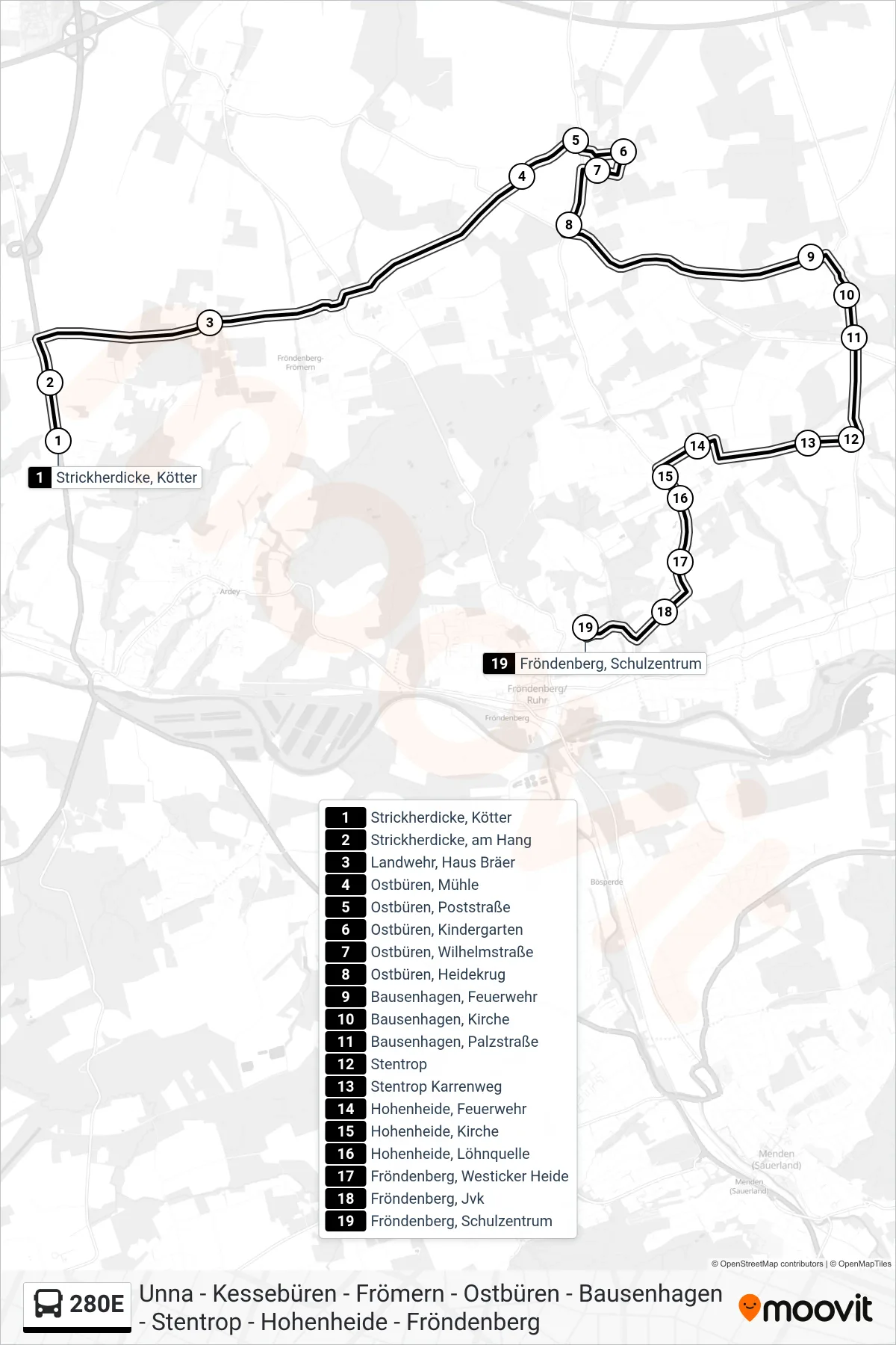 Linie 280E (Bus) Richtung Fröndenberg, Schulzentrum: Route und Haltestellen auf der Karte