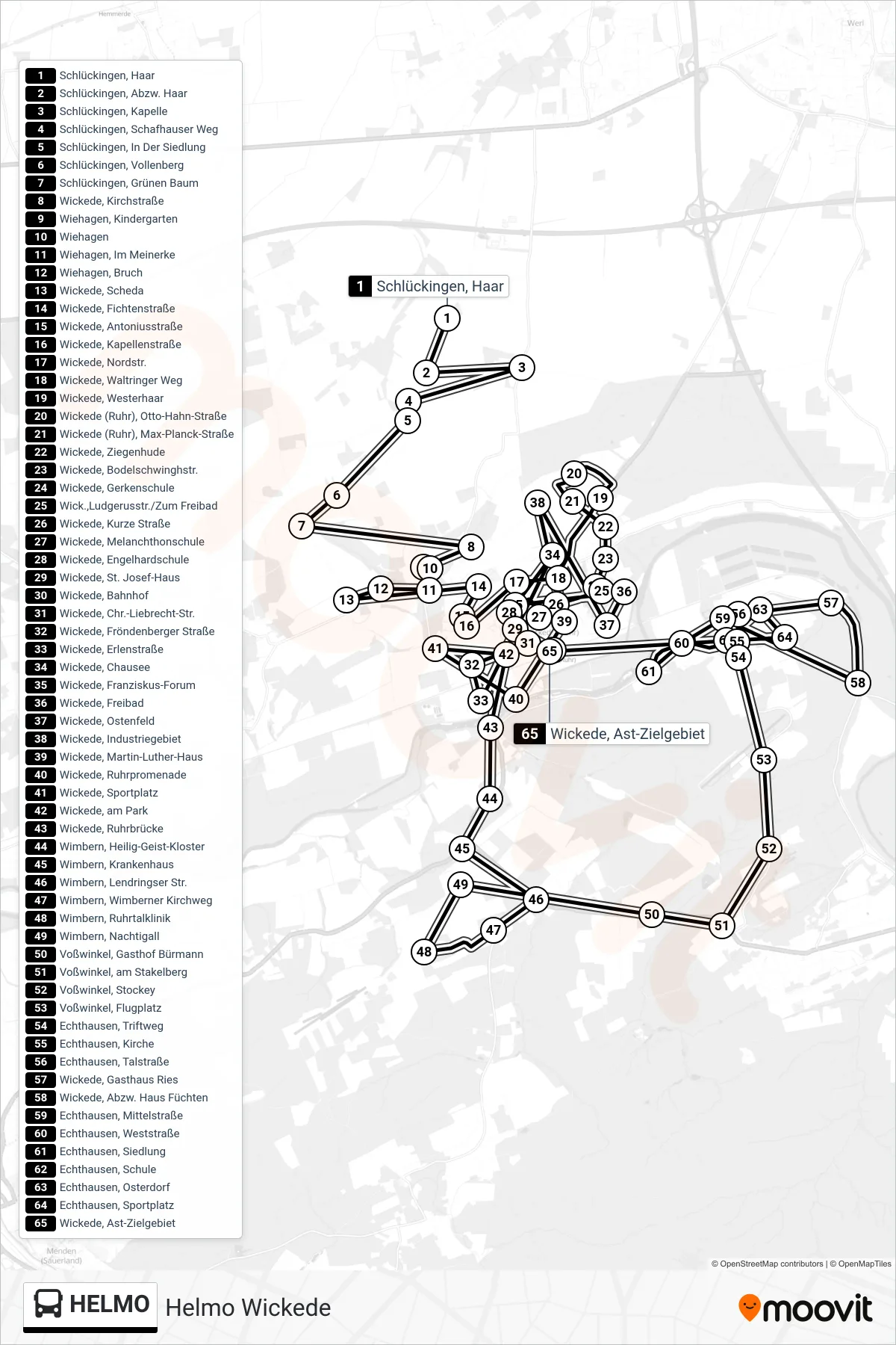 HELMO bus Line (Wickede, Ast-Zielgebiet) route and stops on a map