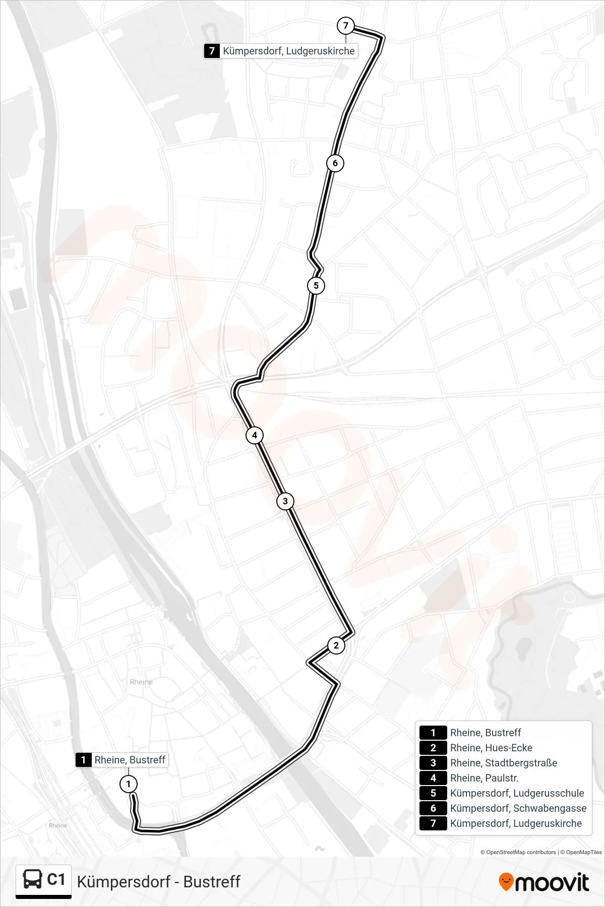 C1 bus Line (Kümpersdorf, Ludgeruskirche) route and stops on a map