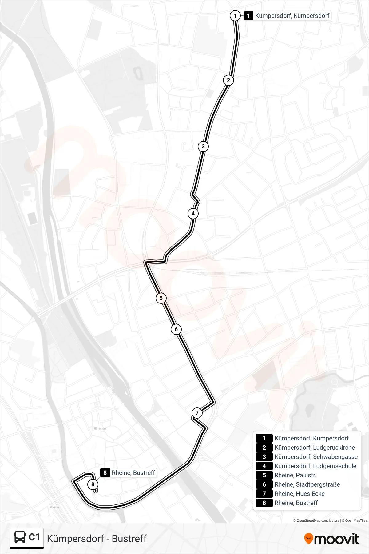 Linie C1 (Bus) Richtung Rheine, Bustreff Bstg A: Route und Haltestellen auf der Karte
