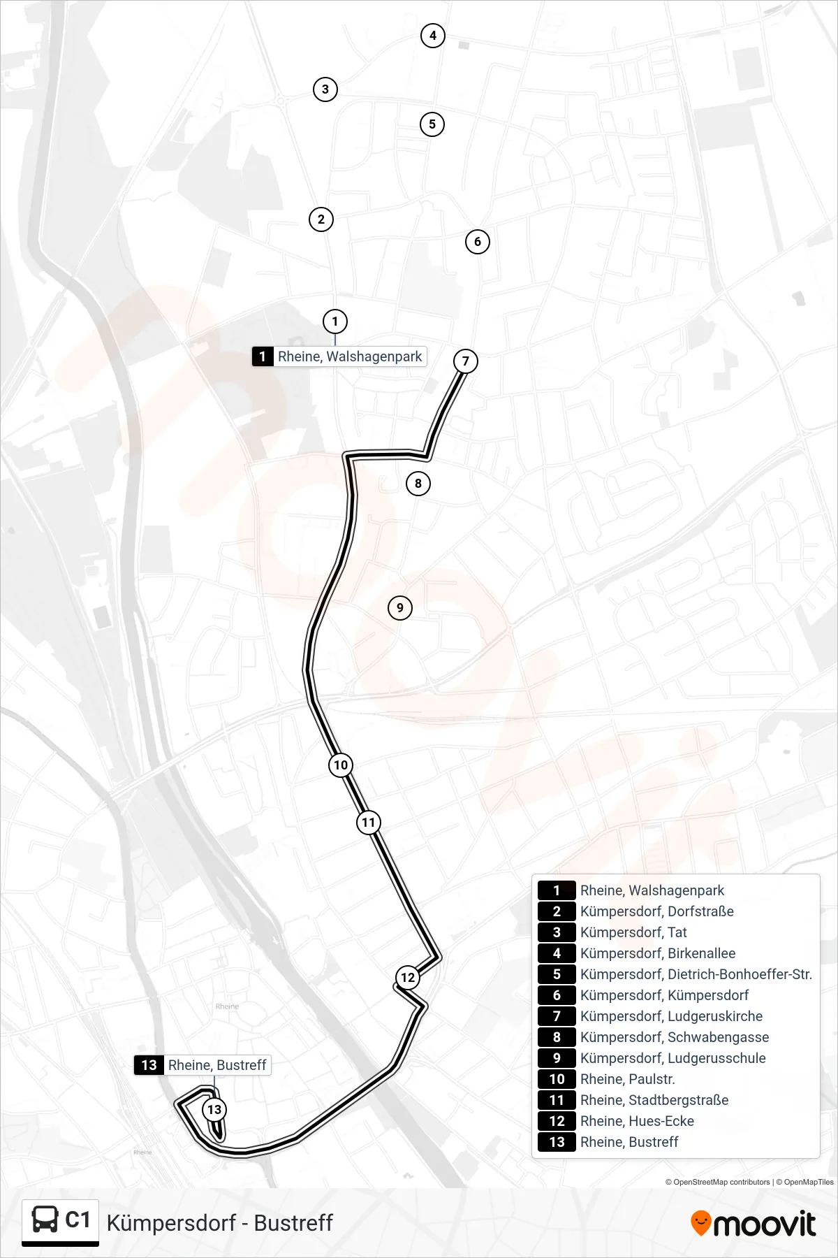 Linie C1 (Bus) Richtung Rheine, Bustreff Bstg B: Route und Haltestellen auf der Karte