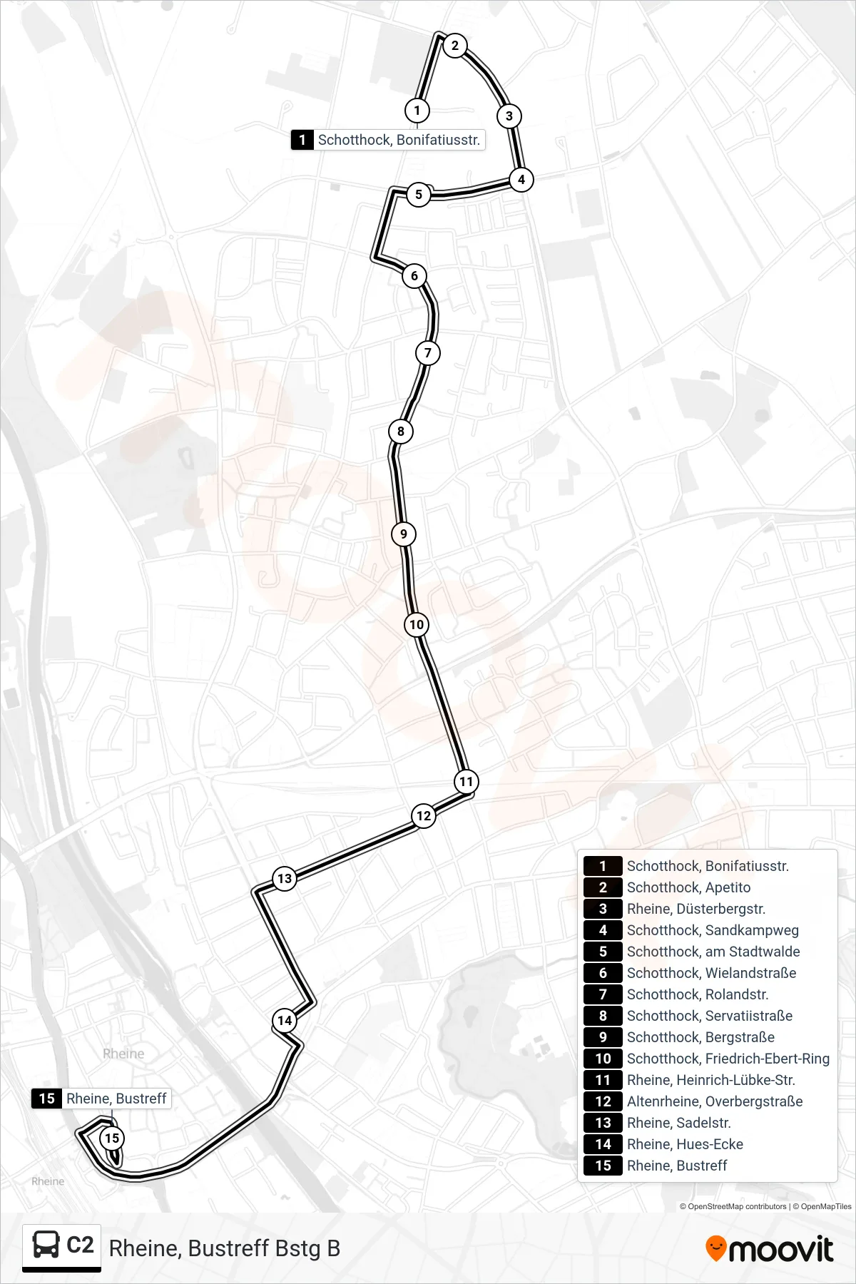 Linie C2 (Bus) Richtung Rheine, Bustreff Bstg B: Route und Haltestellen auf der Karte