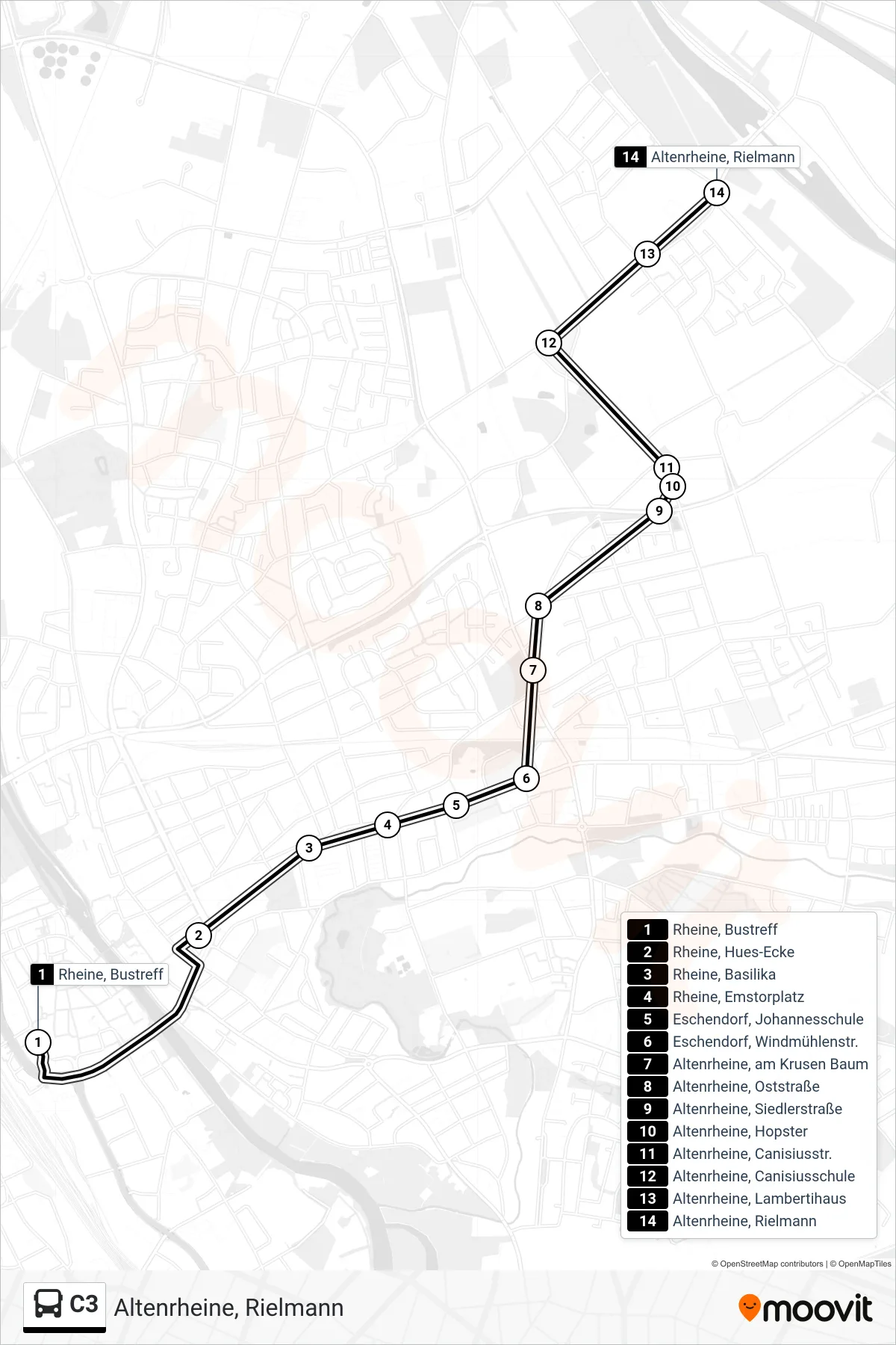 C3 bus Line (Altenrheine, Rielmann) route and stops on a map