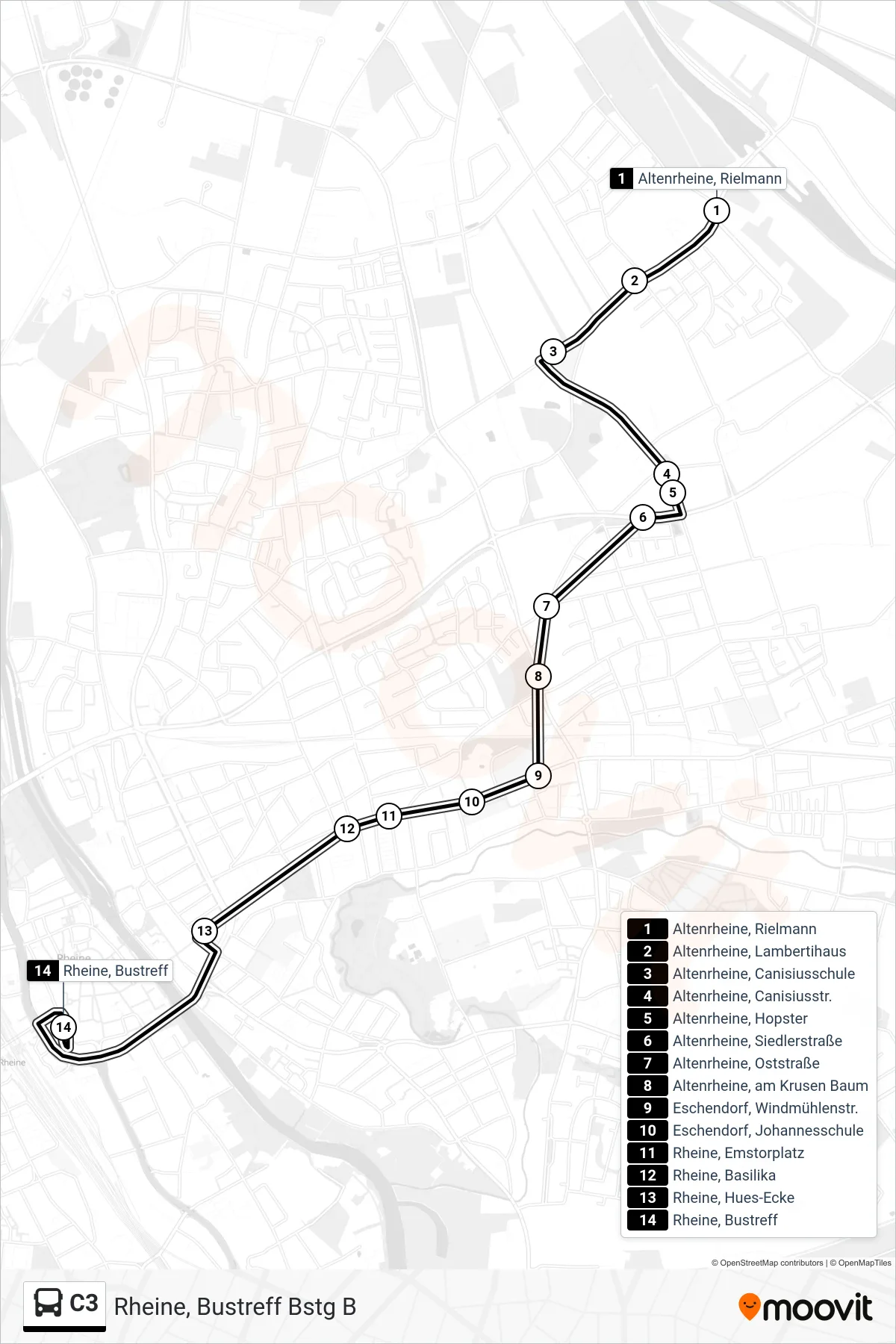 Linie C3 (Bus) Richtung Rheine, Bustreff Bstg B: Route und Haltestellen auf der Karte