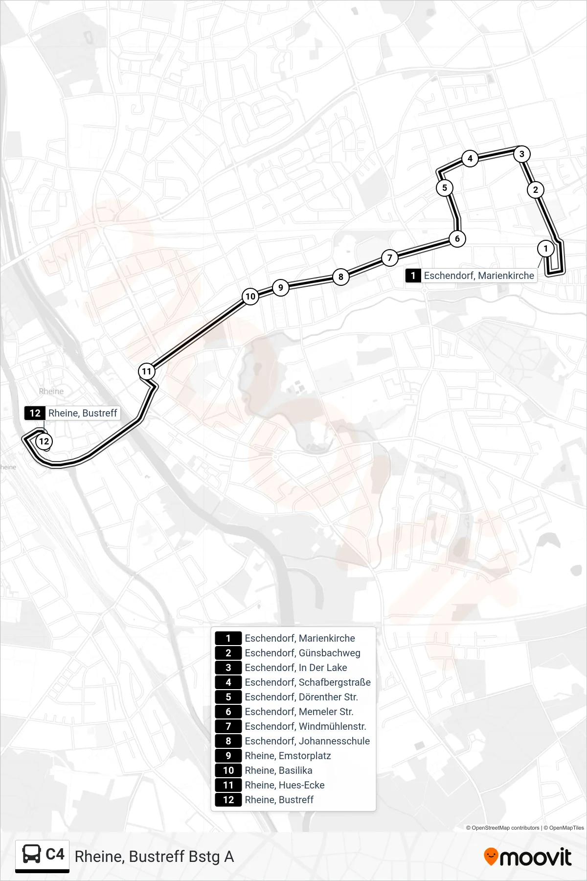 C4 bus Line (Rheine, Bustreff Bstg A) route and stops on a map