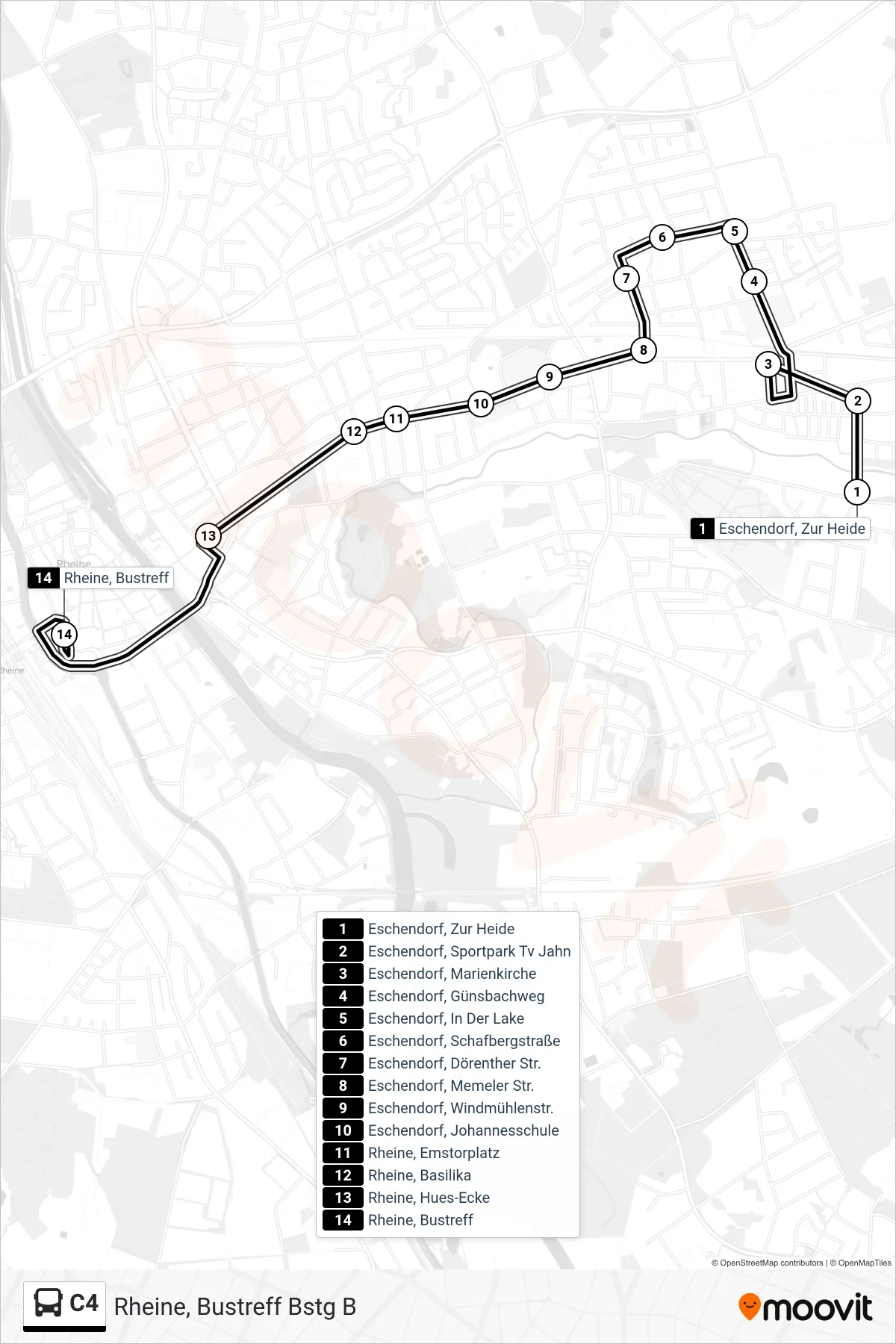 C4 bus Line (Rheine, Bustreff Bstg B) route and stops on a map