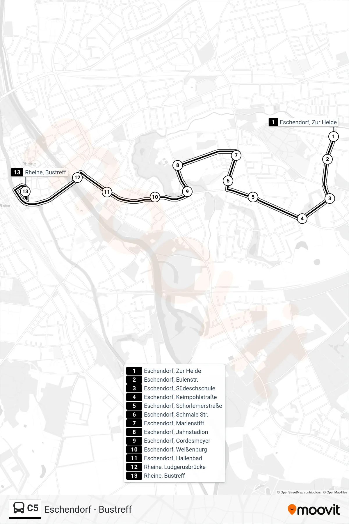 Linie C5 (Bus) Richtung Rheine, Bustreff Bstg B: Route und Haltestellen auf der Karte
