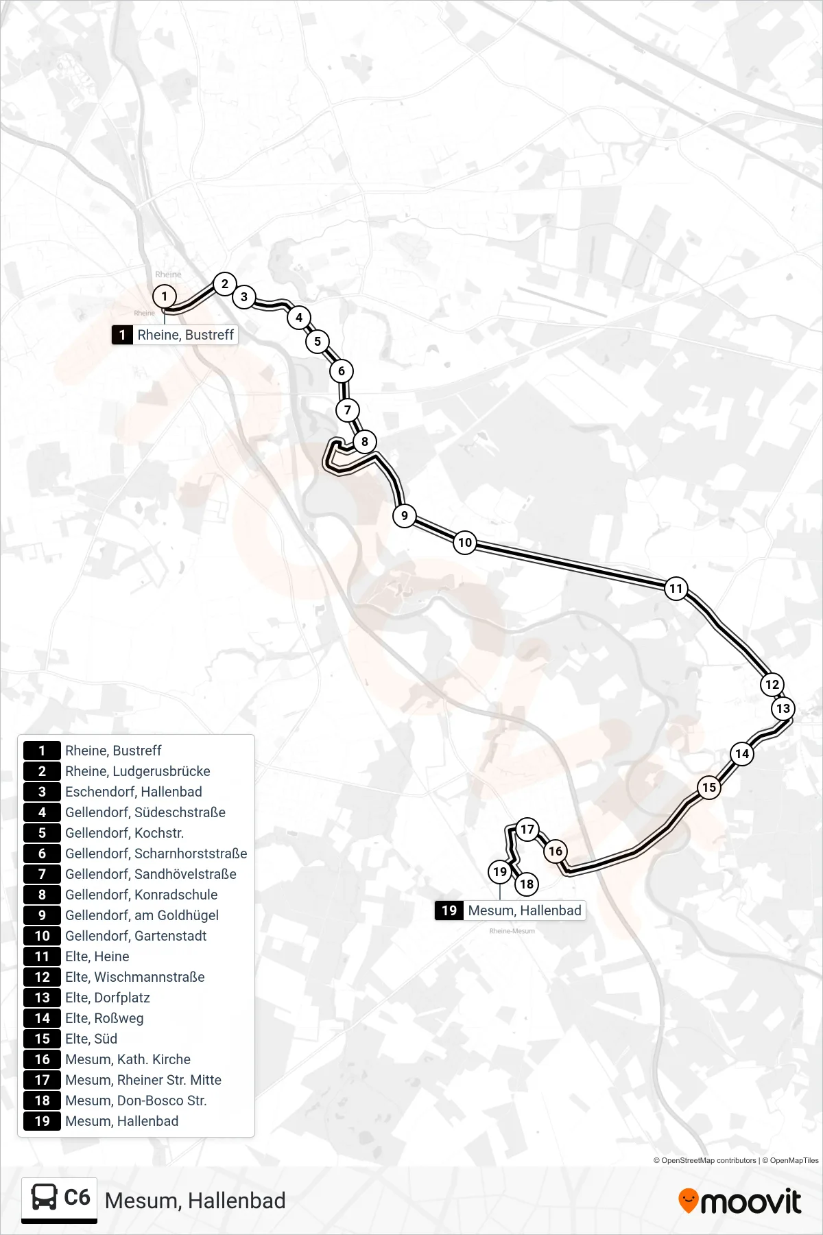 Linie C6 (Bus) Richtung Mesum, Hallenbad: Route und Haltestellen auf der Karte