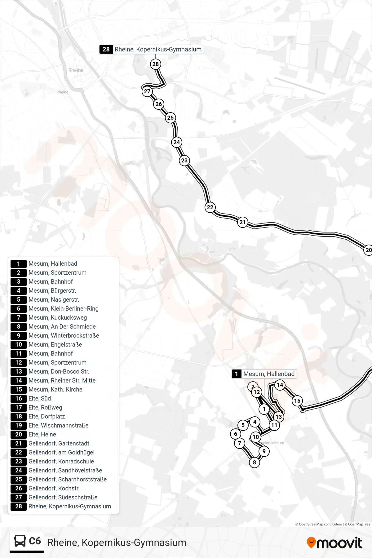 Linie C6 (Bus) Richtung Rheine, Kopernikus-Gymnasium: Route und Haltestellen auf der Karte