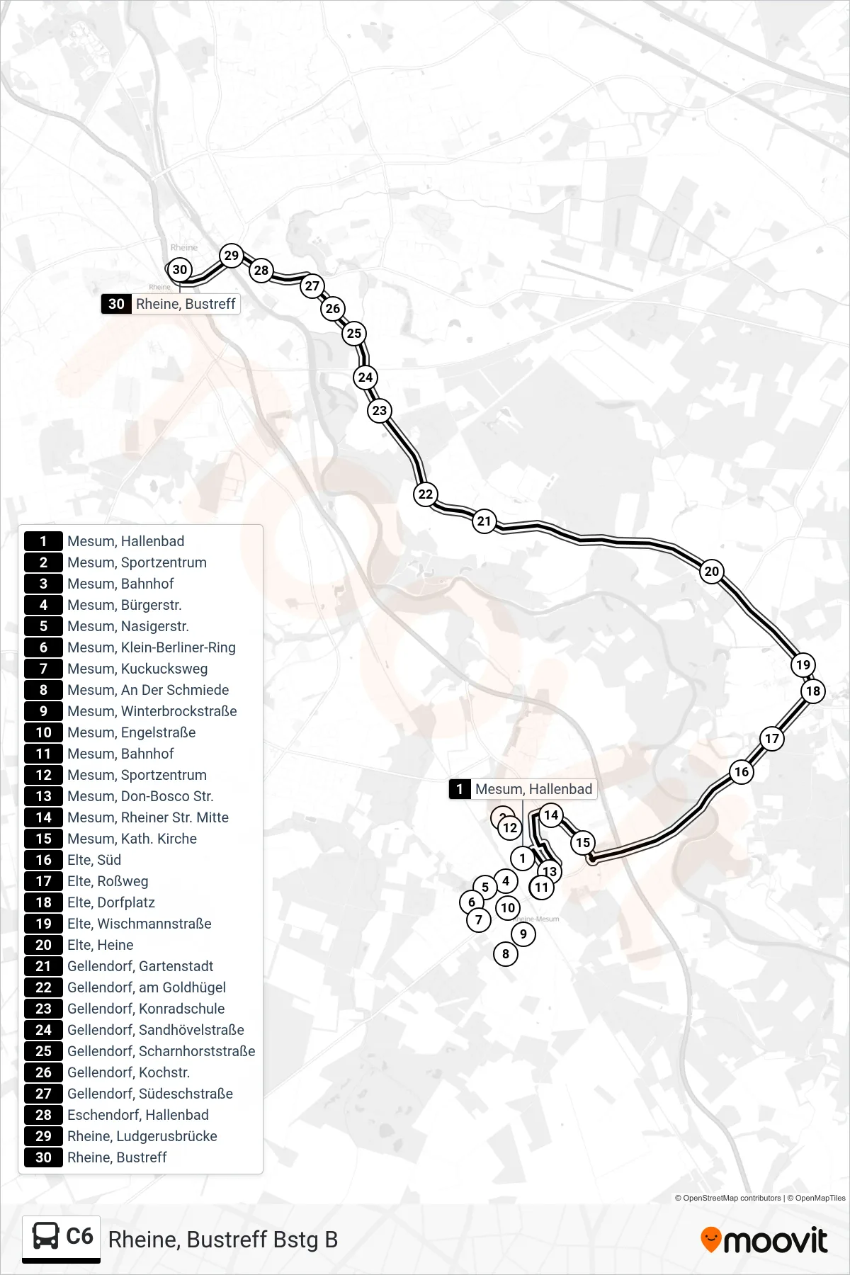 C6 bus Line (Rheine, Bustreff Bstg B) route and stops on a map