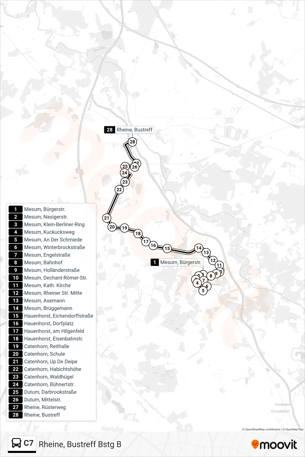 C7 bus Line (Rheine, Bustreff Bstg B) route and stops on a map
