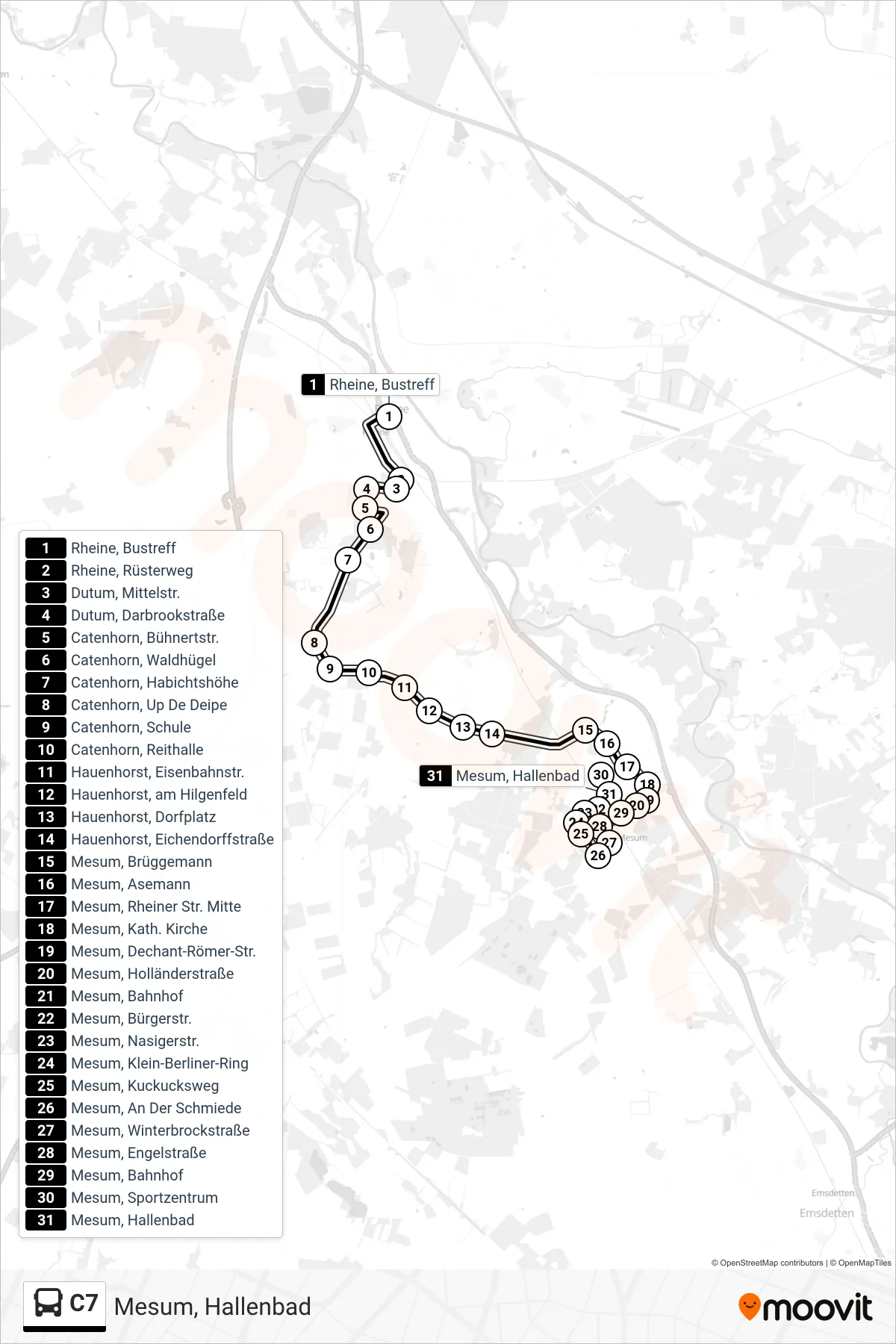 Linie C7 (Bus) Richtung Mesum, Hallenbad: Route und Haltestellen auf der Karte