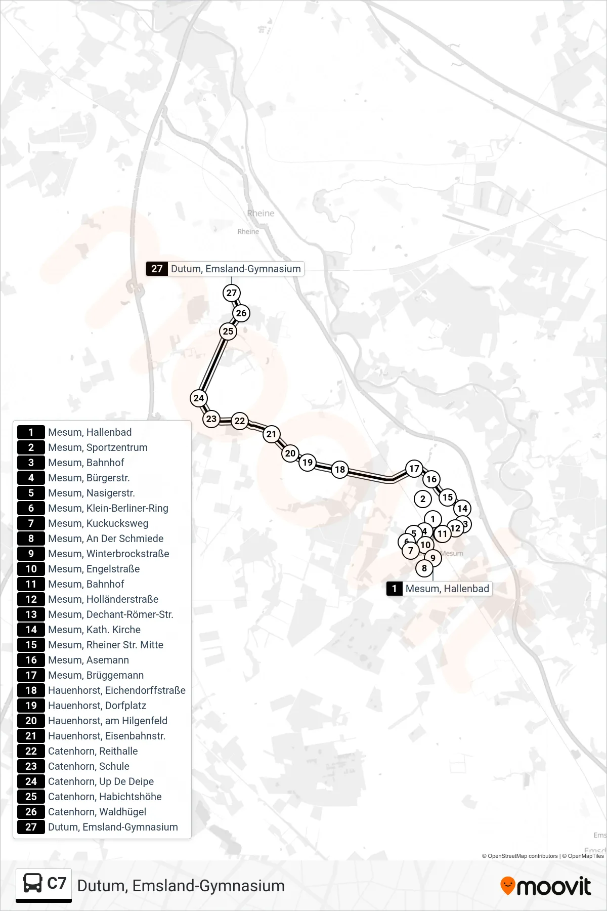 C7 bus Line (Dutum, Emsland-Gymnasium) route and stops on a map