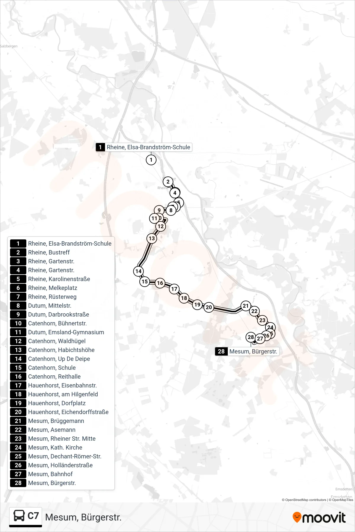 Linie C7 (Bus) Richtung Mesum, Bürgerstr.: Route und Haltestellen auf der Karte