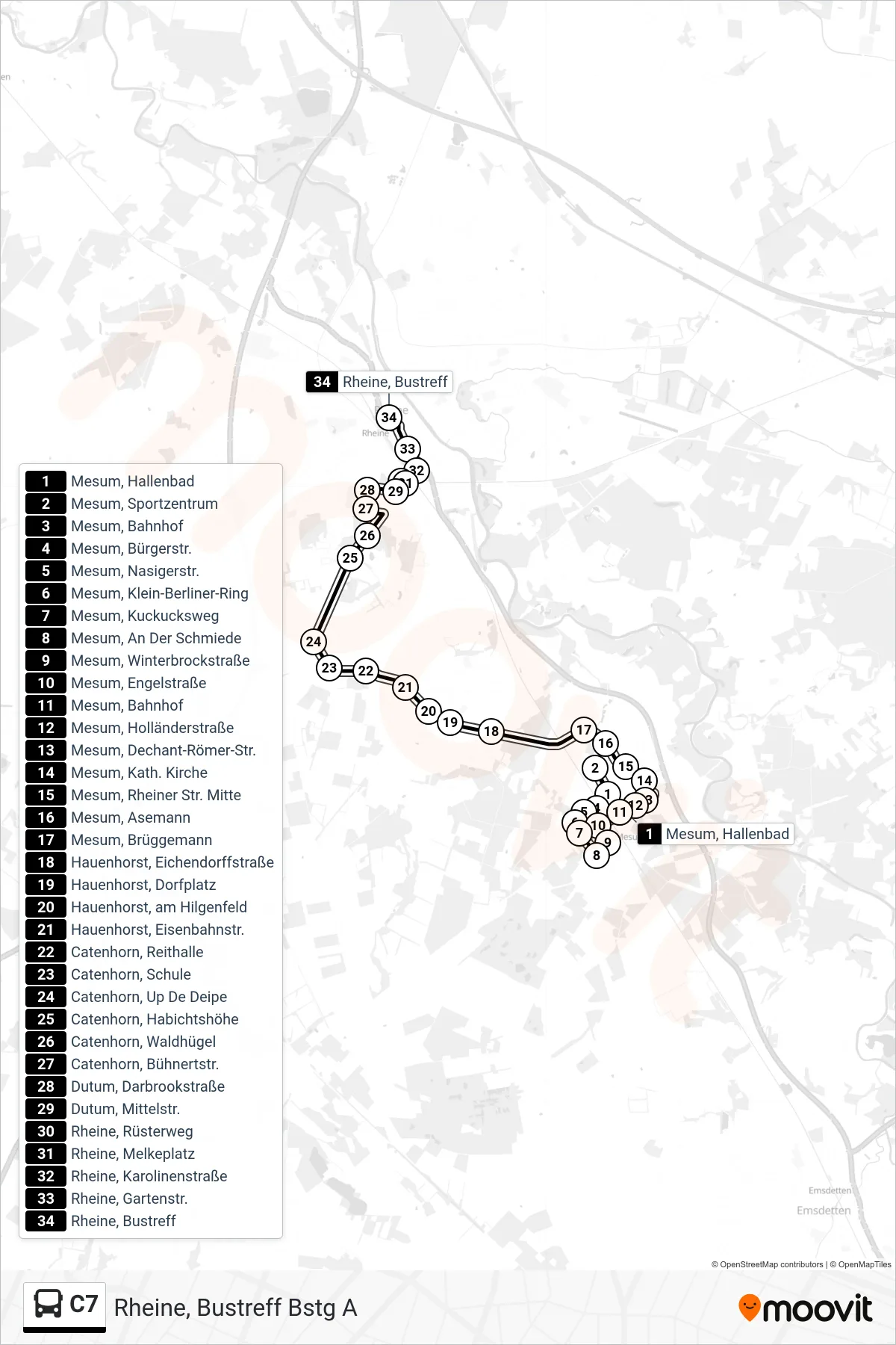 C7 bus Line (Rheine, Bustreff Bstg A) route and stops on a map
