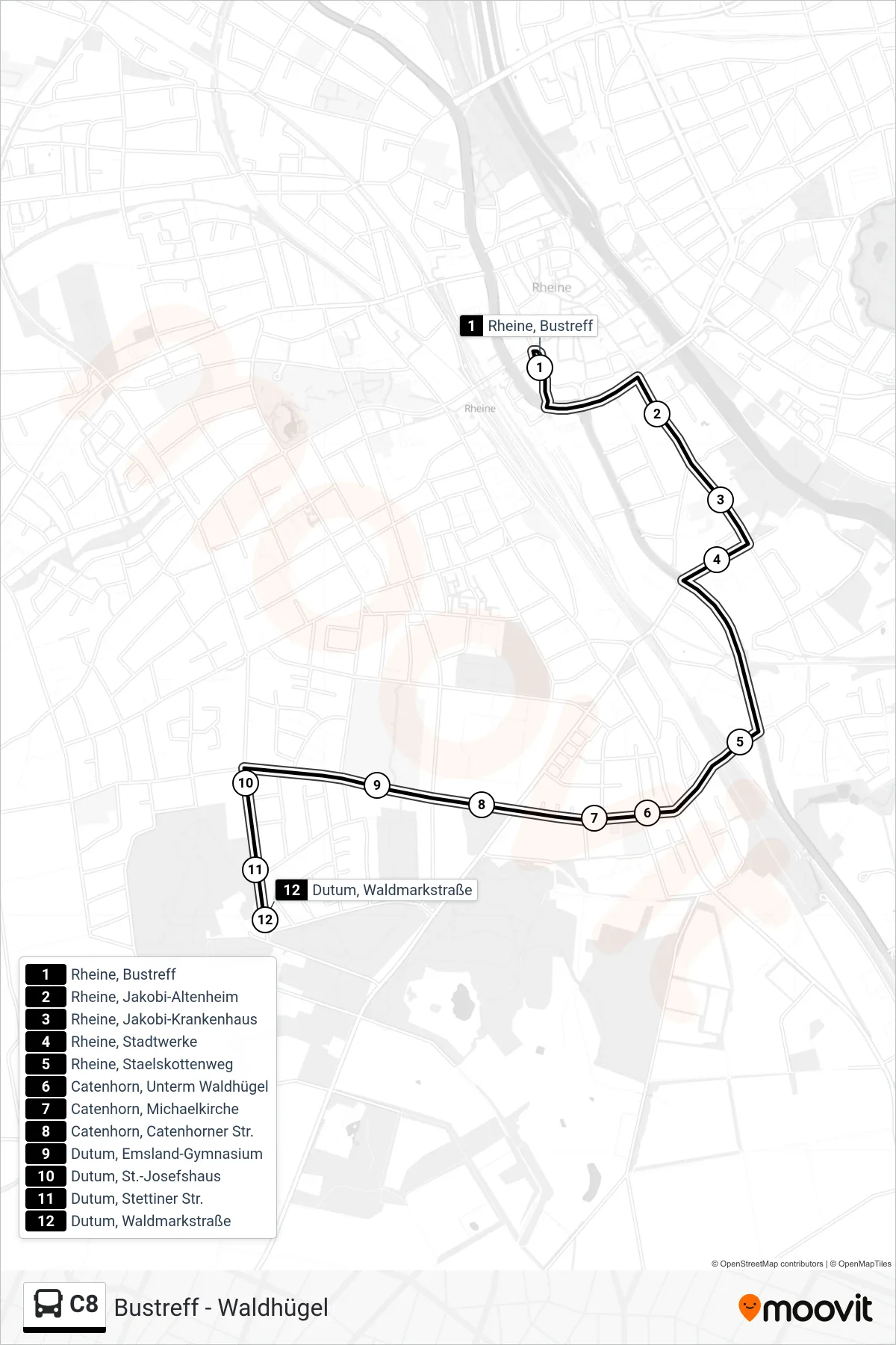 Linie C8 (Bus) Richtung Dutum, Waldmarkstraße: Route und Haltestellen auf der Karte