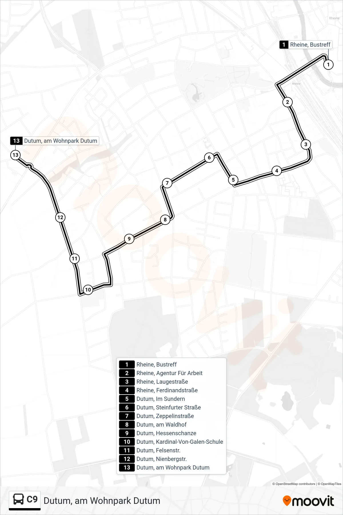 Linie C9 (Bus) Richtung Dutum, am Wohnpark Dutum: Route und Haltestellen auf der Karte