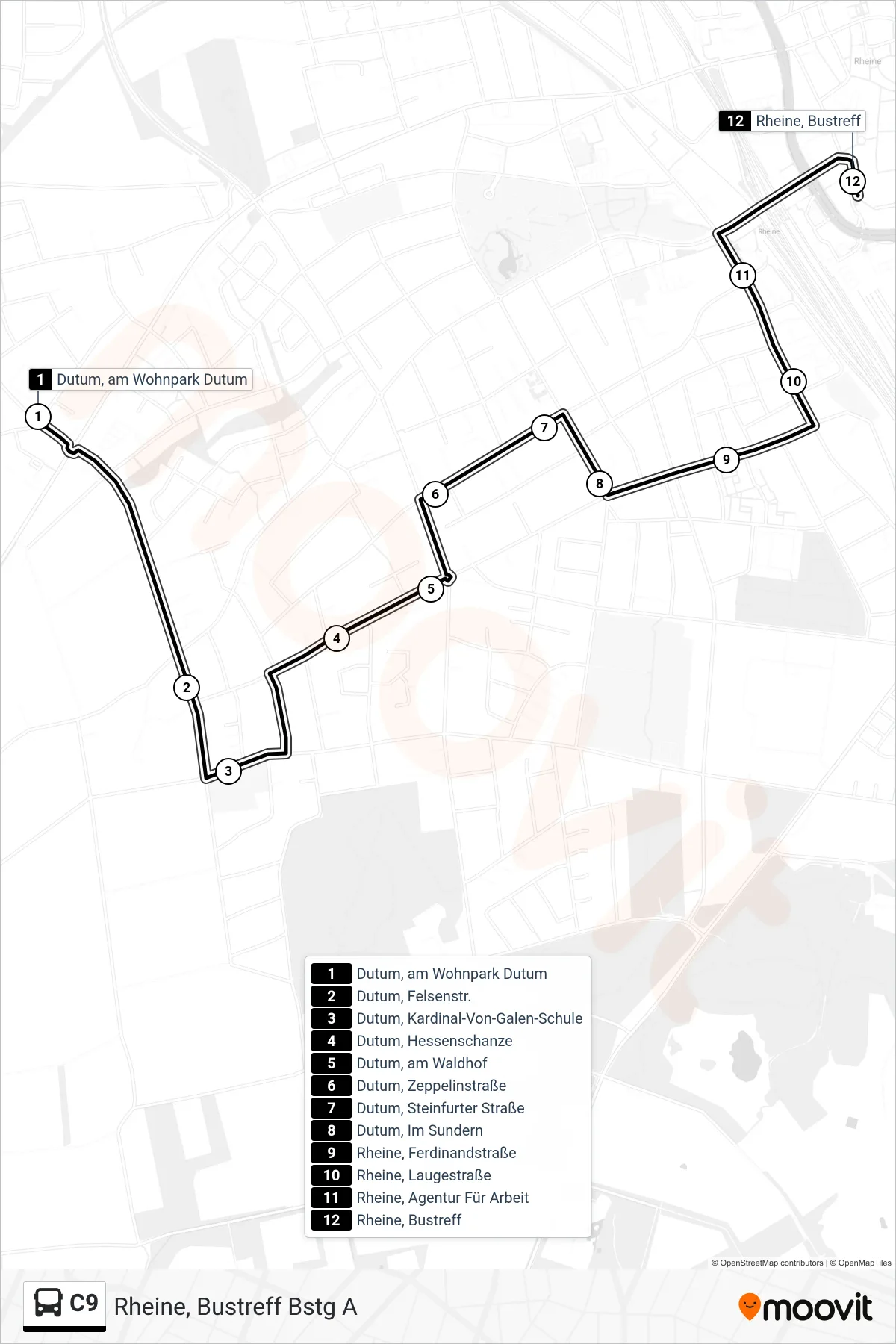 C9 bus Line (Rheine, Bustreff Bstg A) route and stops on a map