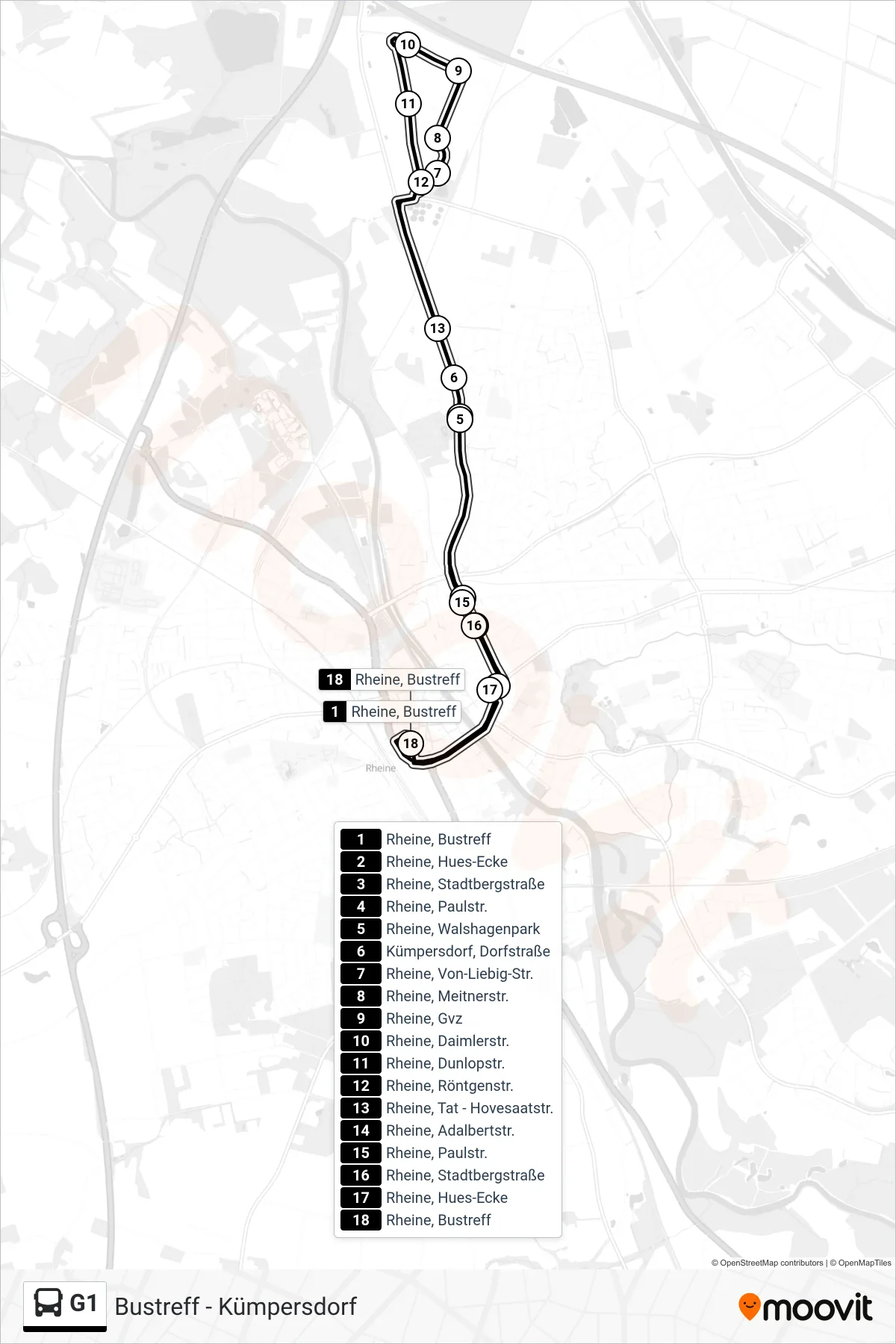 Linie G1 (Bus) Richtung Rheine, Bustreff Bstg C: Route und Haltestellen auf der Karte