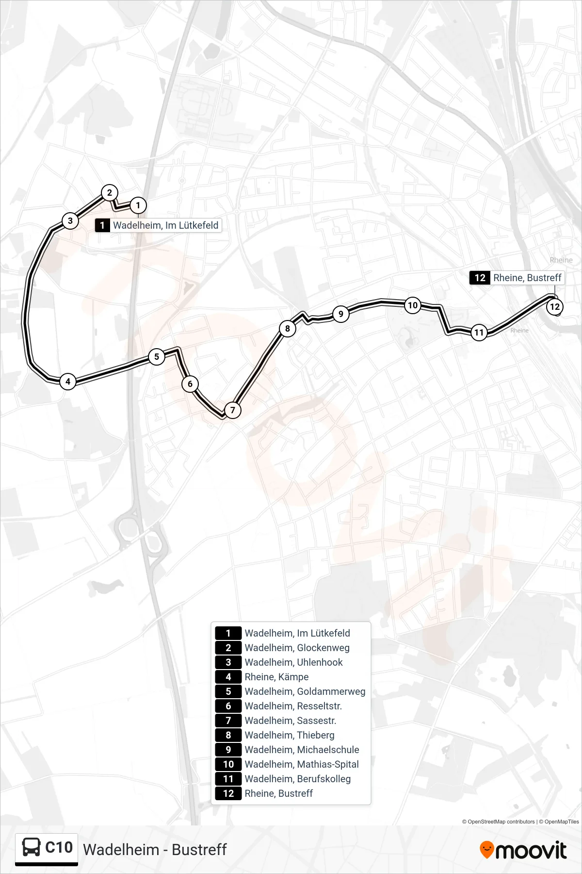 Linie C10 (Bus) Richtung Rheine, Bustreff Bstg A: Route und Haltestellen auf der Karte