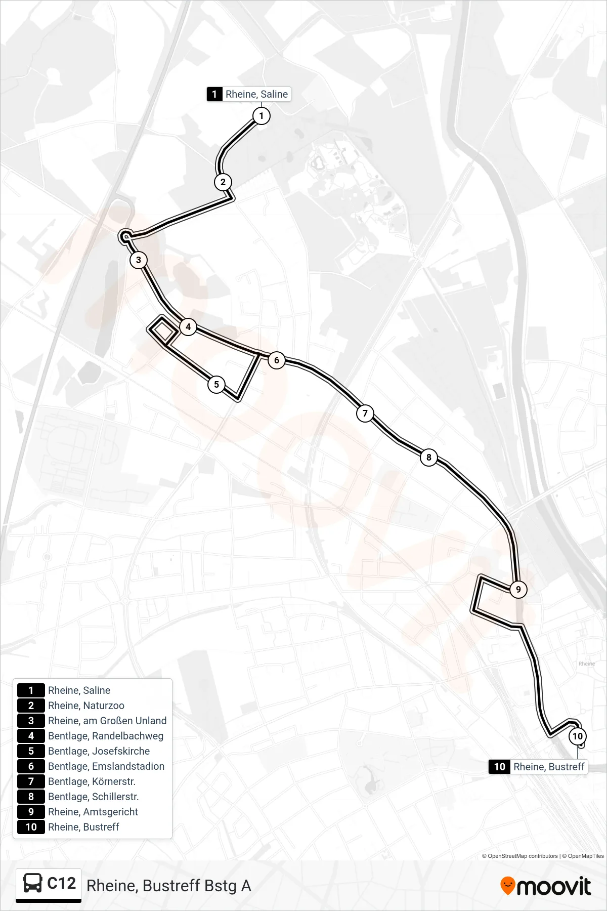 Linie C12 (Bus) Richtung Rheine, Bustreff Bstg A: Route und Haltestellen auf der Karte