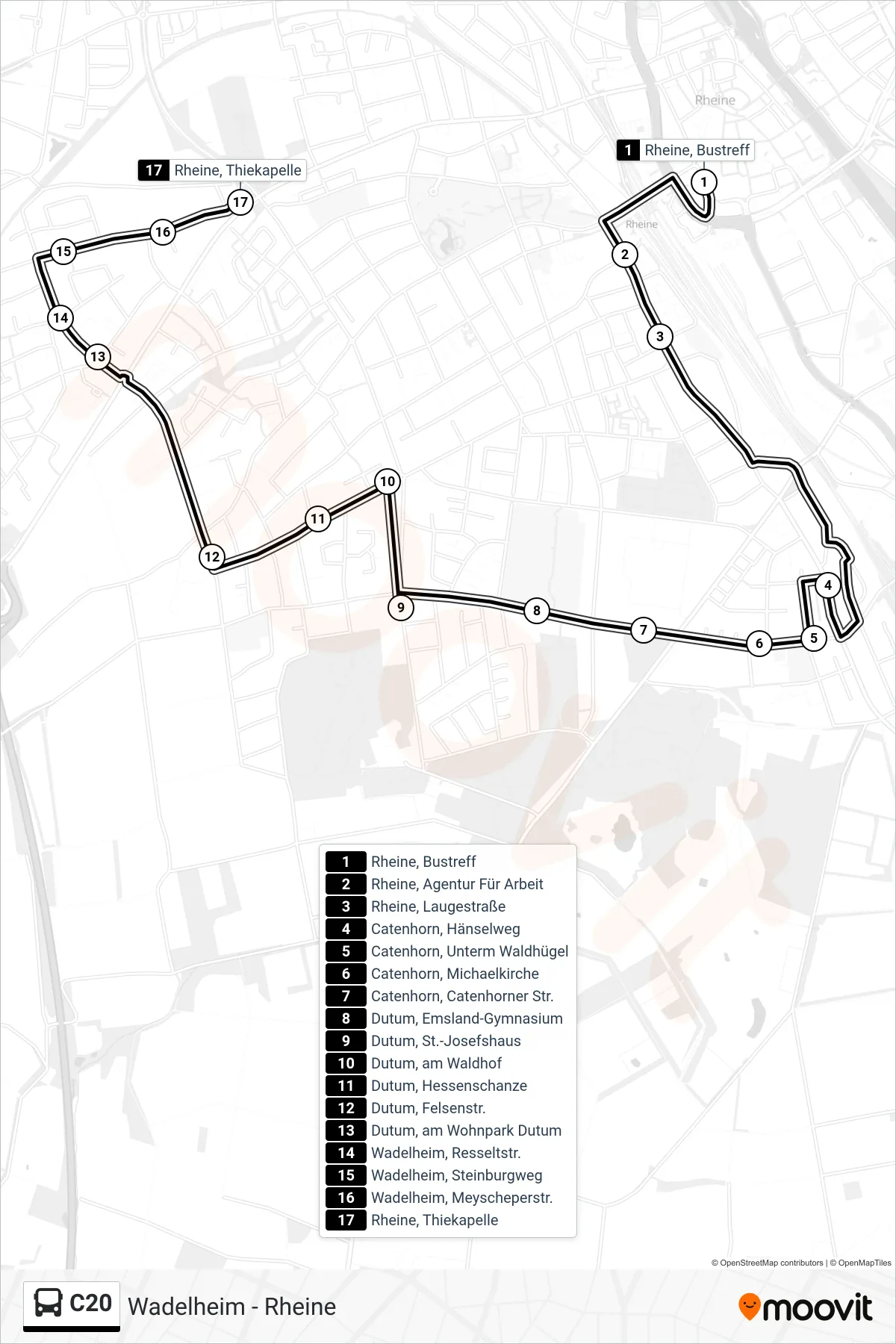 C20 bus Line (Rheine, Thiekapelle) route and stops on a map