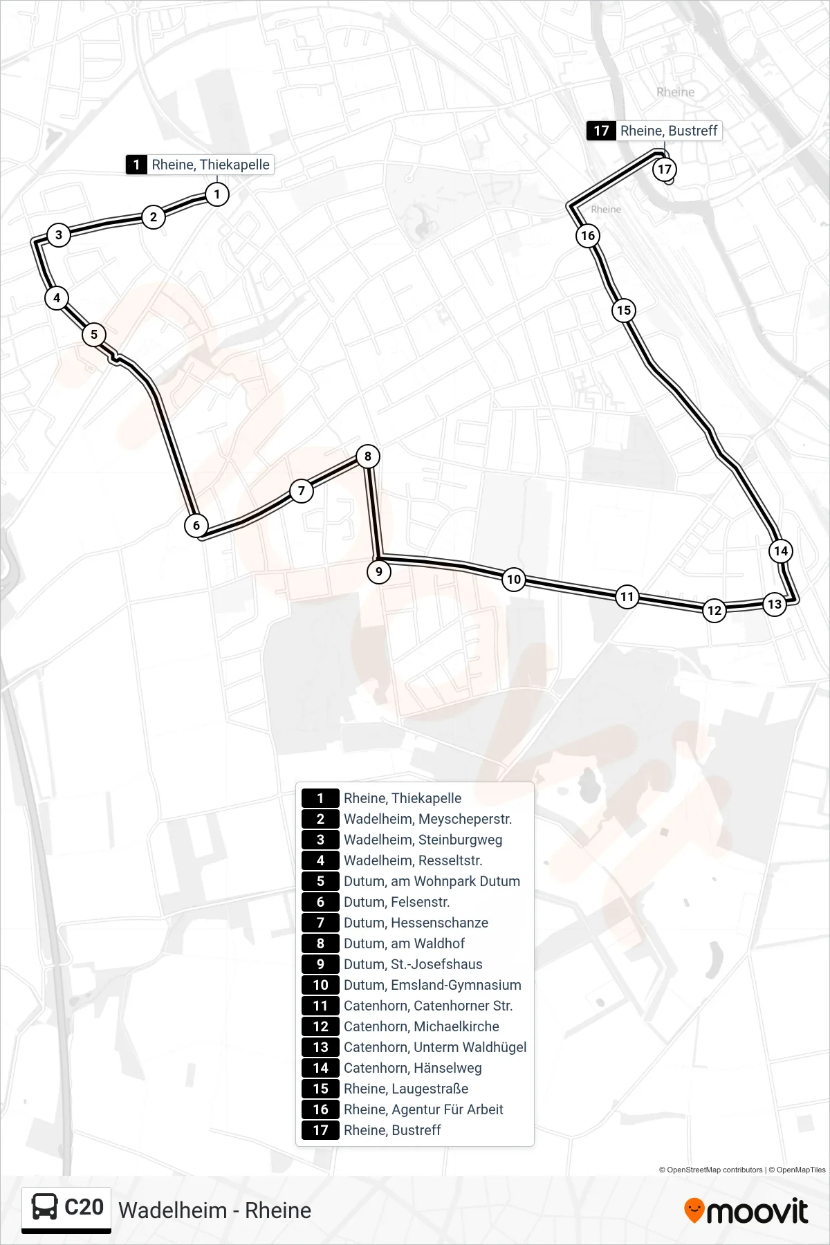 Linie C20 (Bus) Richtung Rheine, Bustreff Bstg A: Route und Haltestellen auf der Karte