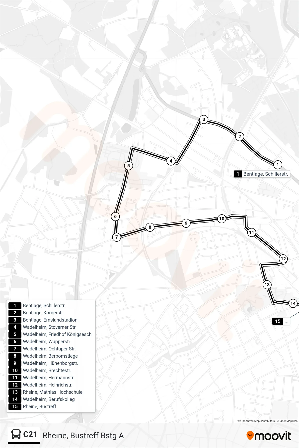 C21 bus Line (Rheine, Bustreff Bstg A) route and stops on a map