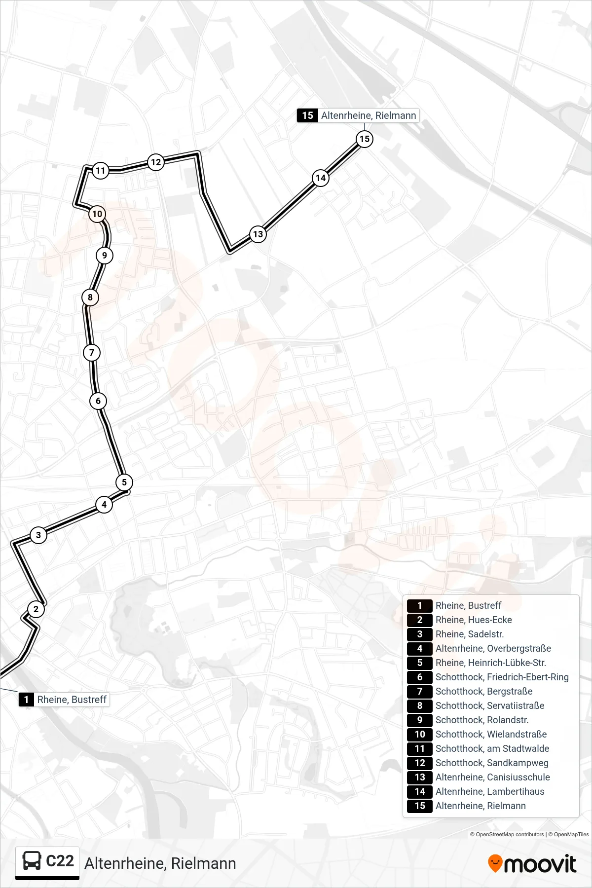 Linie C22 (Bus) Richtung Altenrheine, Rielmann: Route und Haltestellen auf der Karte
