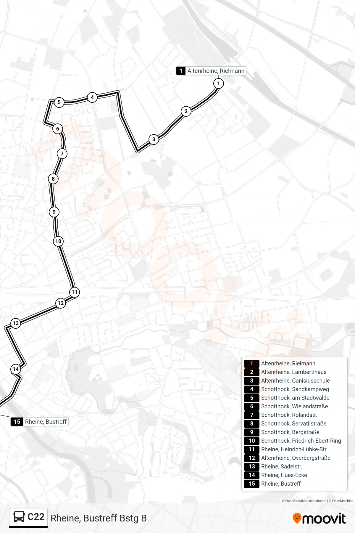 Linie C22 (Bus) Richtung Rheine, Bustreff Bstg B: Route und Haltestellen auf der Karte