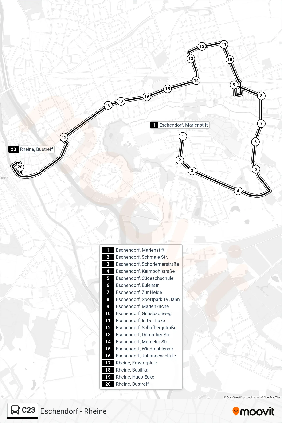 Linie C23 (Bus) Richtung Rheine, Bustreff Bstg B: Route und Haltestellen auf der Karte