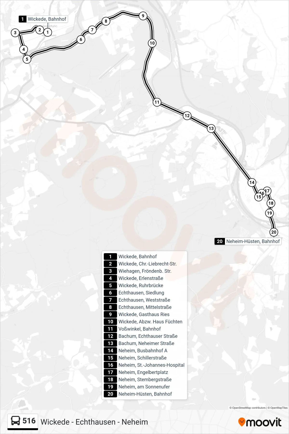 Linie 516 (Bus) Richtung Neheim-Hüsten, Bahnhof: Route und Haltestellen auf der Karte
