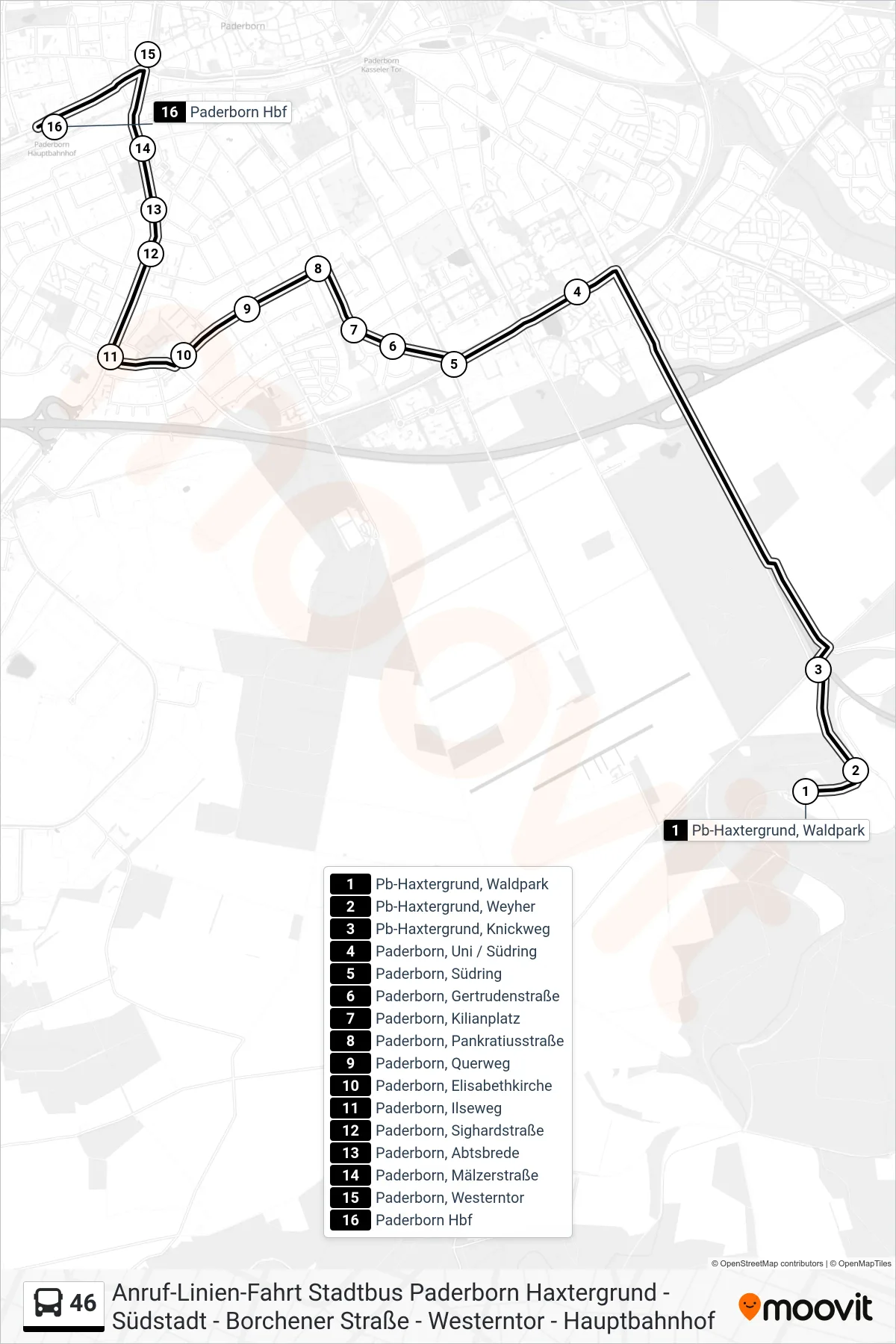 Linie 46 (Bus) Richtung Paderborn Hbf Bstg A4: Route und Haltestellen auf der Karte