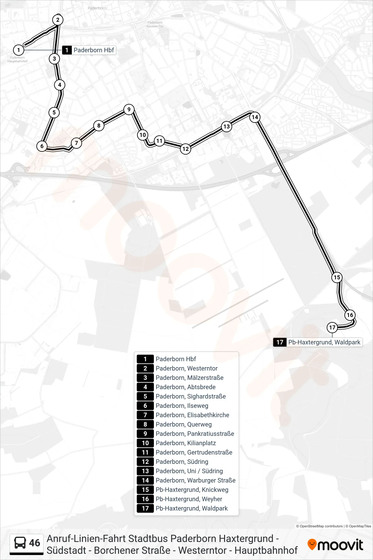 Linie 46 (Bus) Richtung Pb-Haxtergrund, Waldpark: Route und Haltestellen auf der Karte