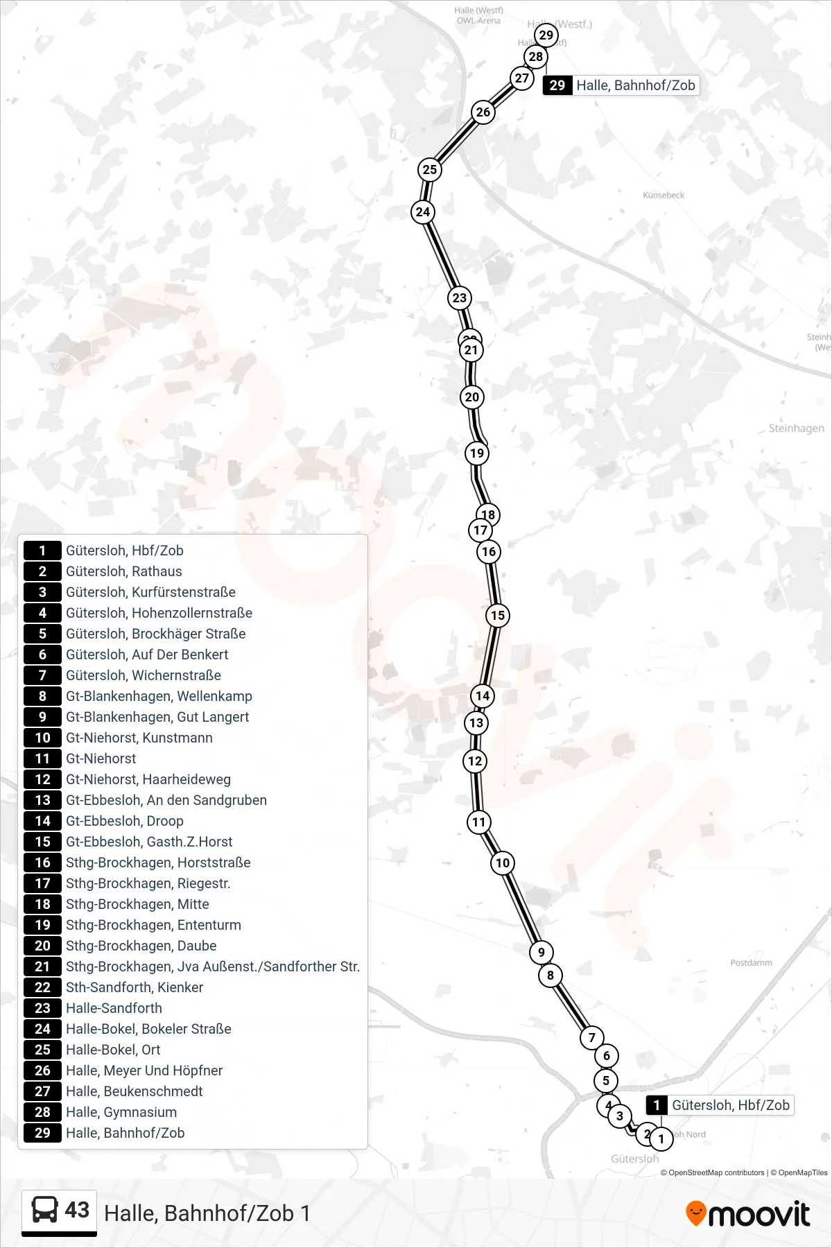 43 bus Line (Halle, Bahnhof/Zob 1) route and stops on a map