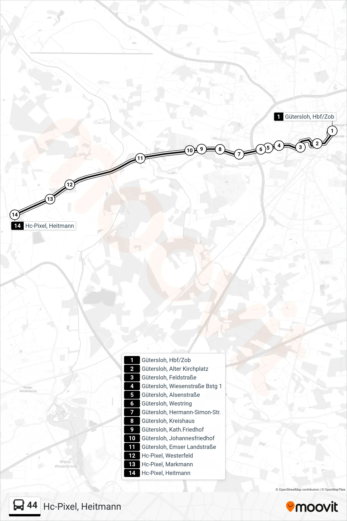 Linie 44 (Bus) Richtung Hc-Pixel, Heitmann: Route und Haltestellen auf der Karte