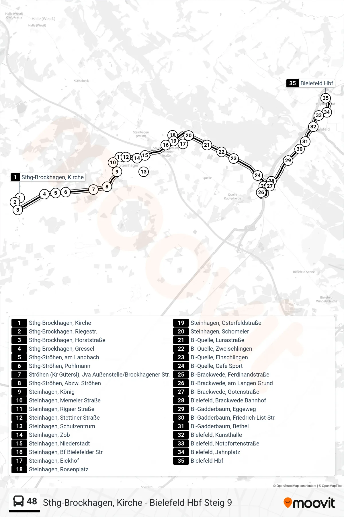 48 bus Line (Bielefeld Hbf Steig 9) route and stops on a map