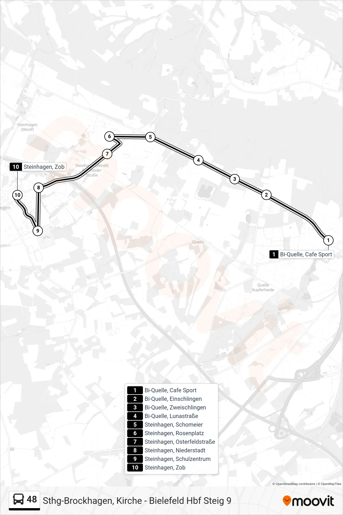 48 bus Line (Steinhagen, Zob) route and stops on a map
