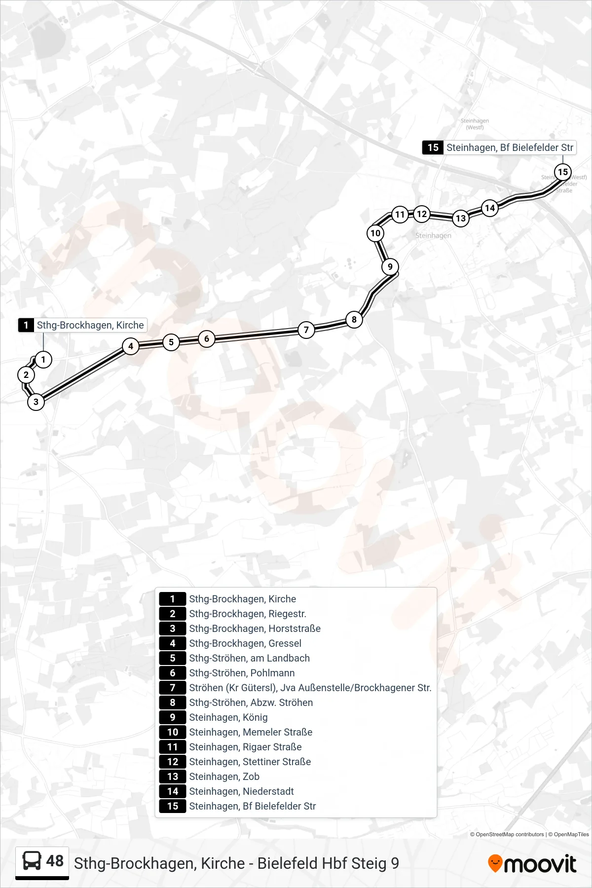 48 bus Line (Steinhagen, Bf Bielefelder Str) route and stops on a map