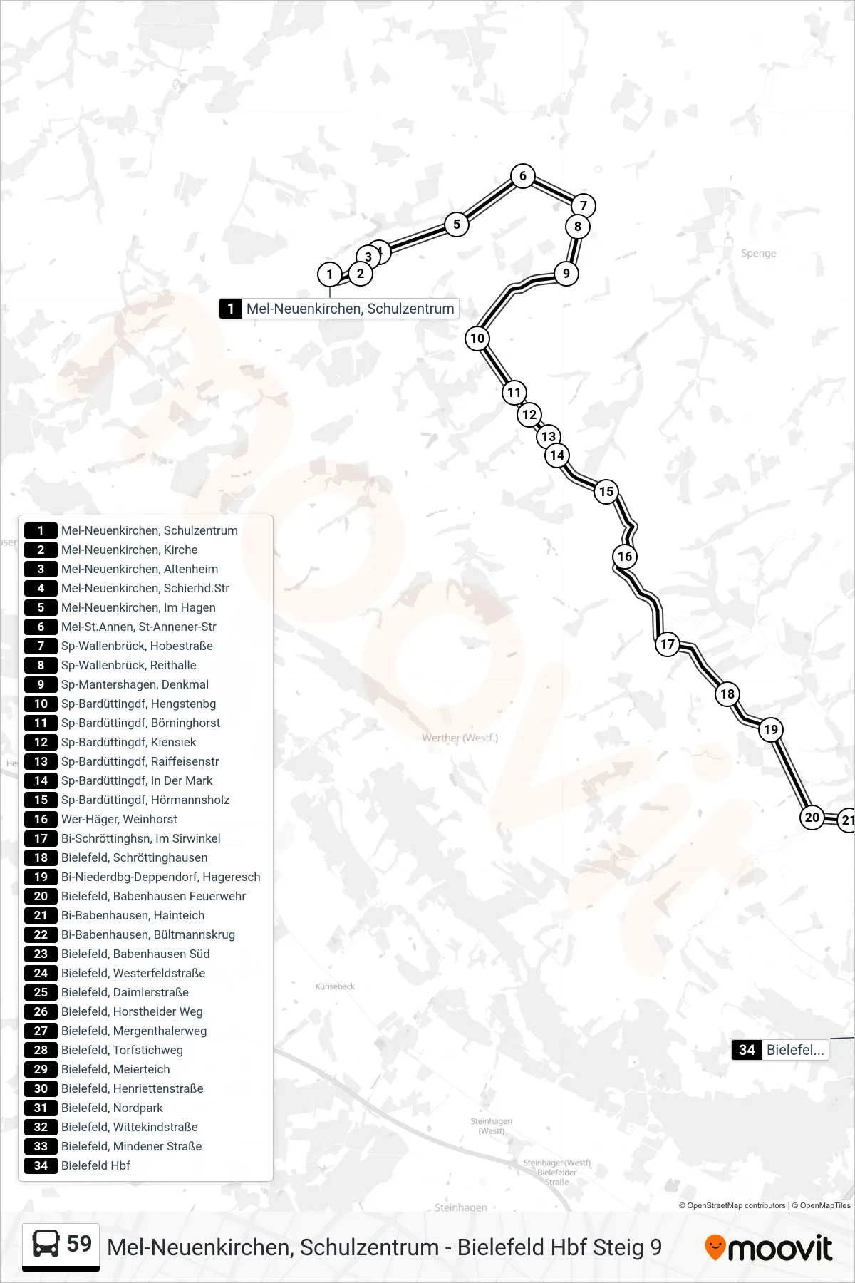 Linie 59 (Bus) Richtung Bielefeld Hbf Steig 9: Route und Haltestellen auf der Karte