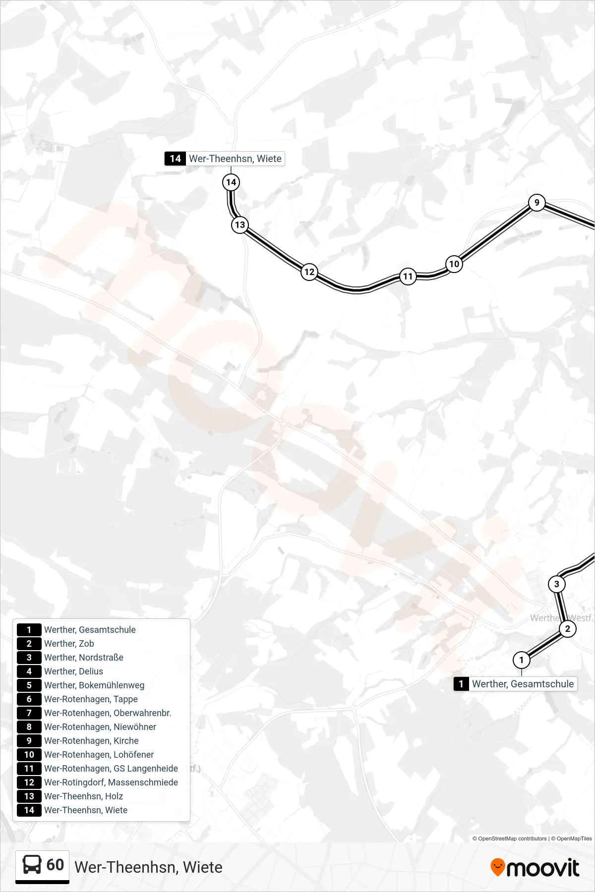 60 bus Line (Wer-Theenhsn, Wiete) route and stops on a map