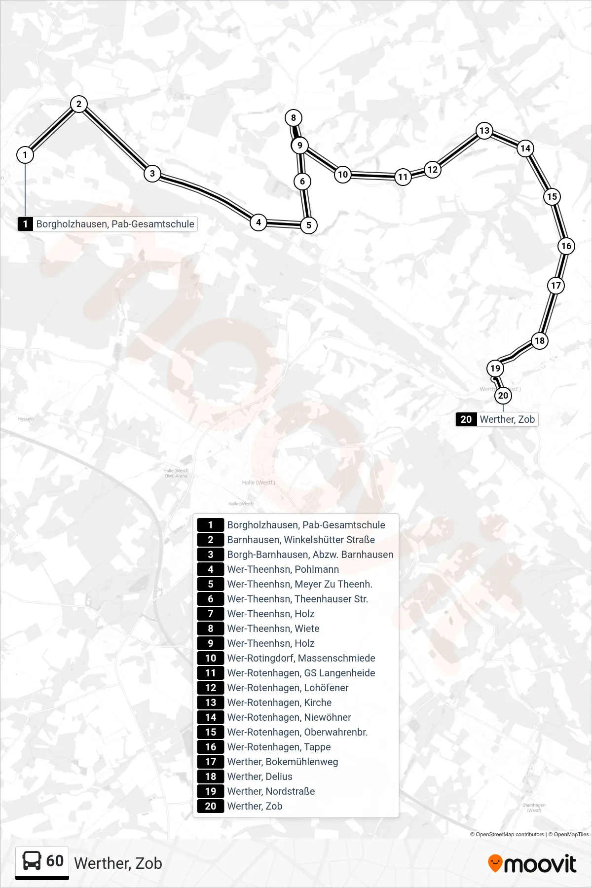 60 bus Line (Werther, Zob) route and stops on a map