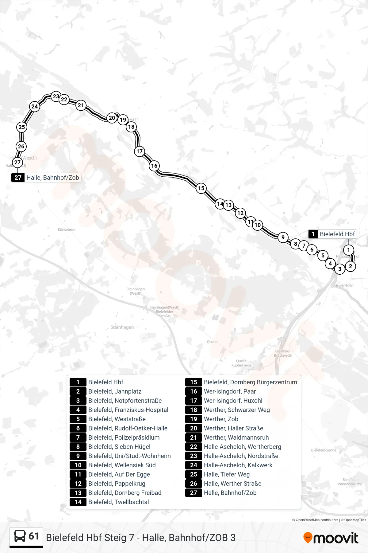 61 bus Line (Halle, Bahnhof/Zob 3) route and stops on a map