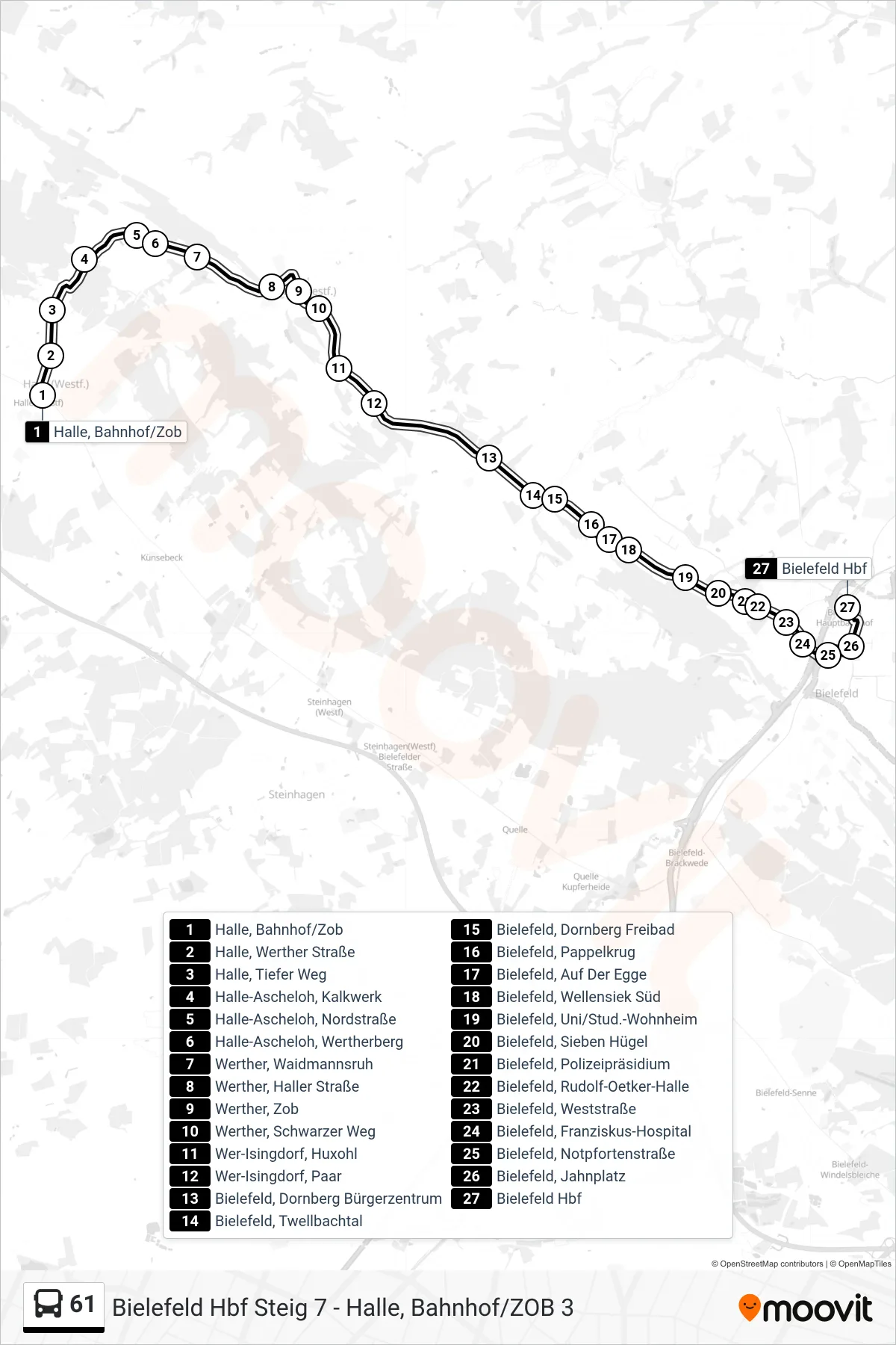 Linie 61 (Bus) Richtung Bielefeld Hbf Steig 9: Route und Haltestellen auf der Karte
