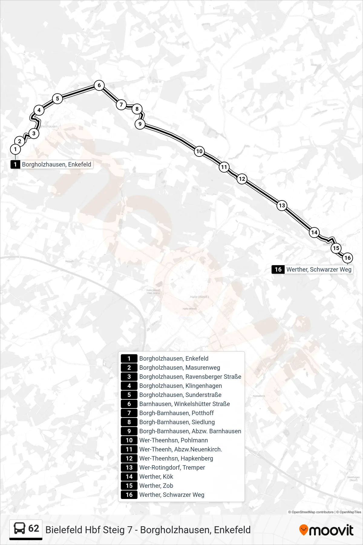 Linie 62 (Bus) Richtung Werther, Schwarzer Weg: Route und Haltestellen auf der Karte