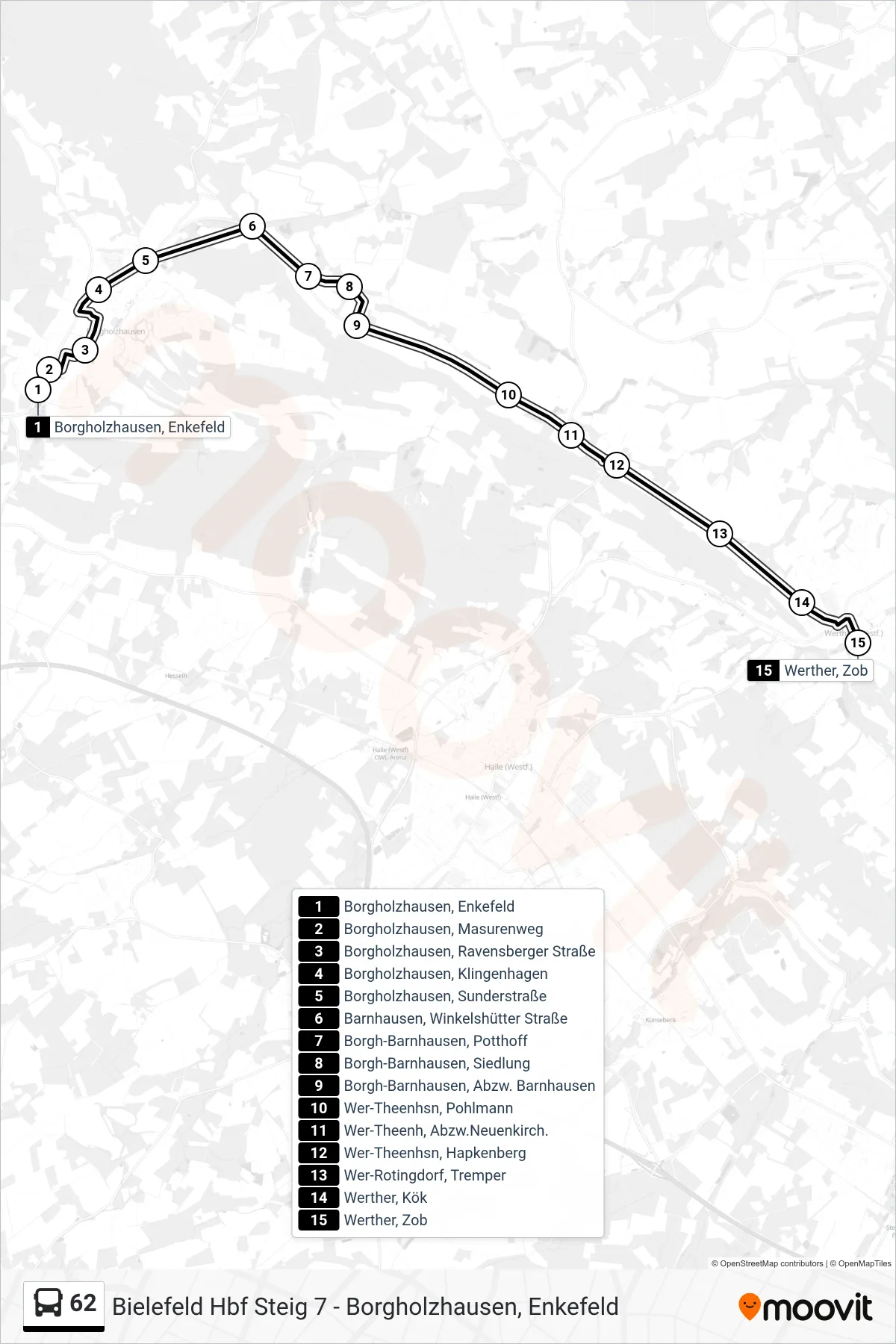 Linie 62 (Bus) Richtung Werther, Zob: Route und Haltestellen auf der Karte