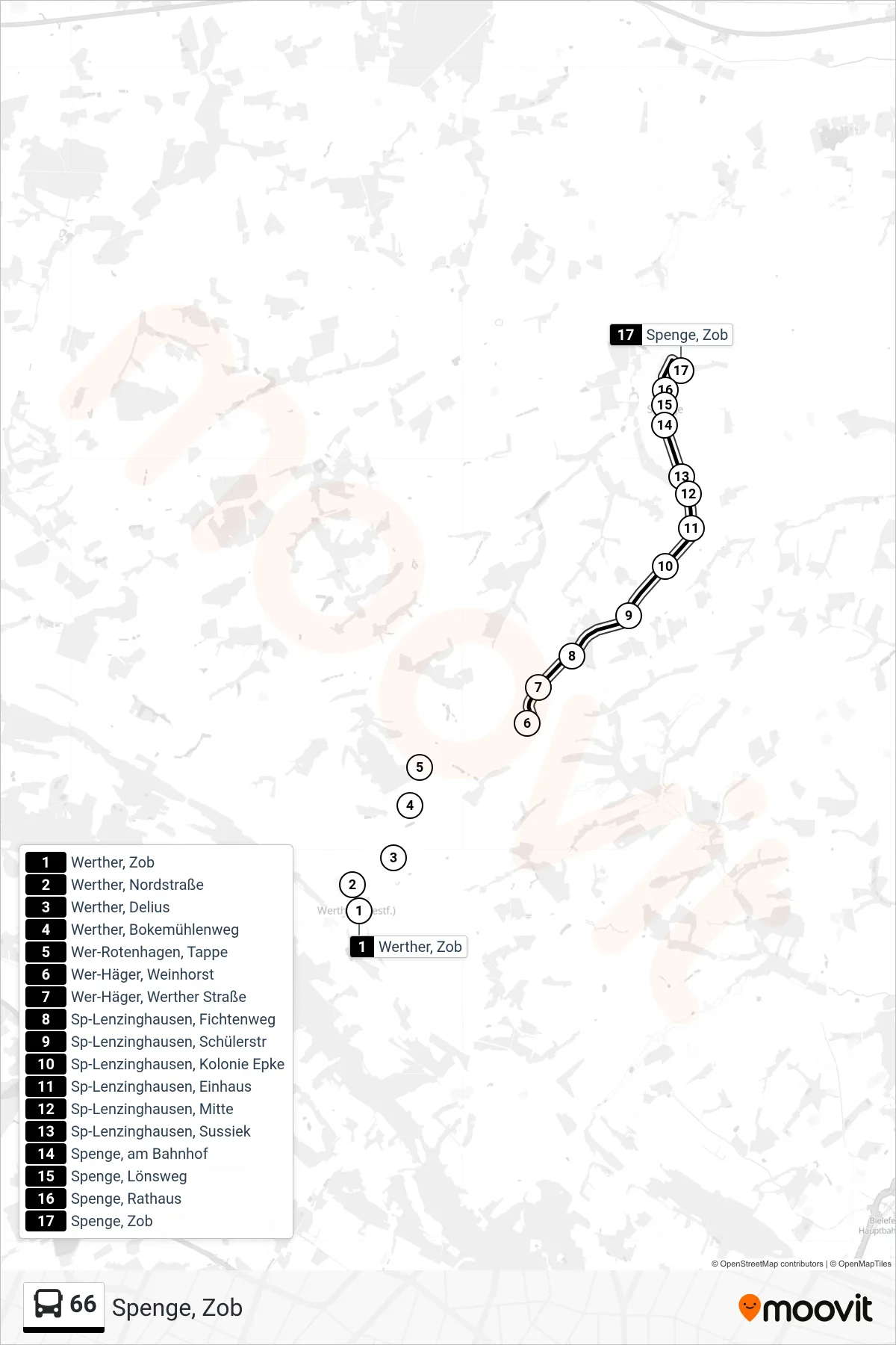 66 bus Line (Spenge, Zob) route and stops on a map